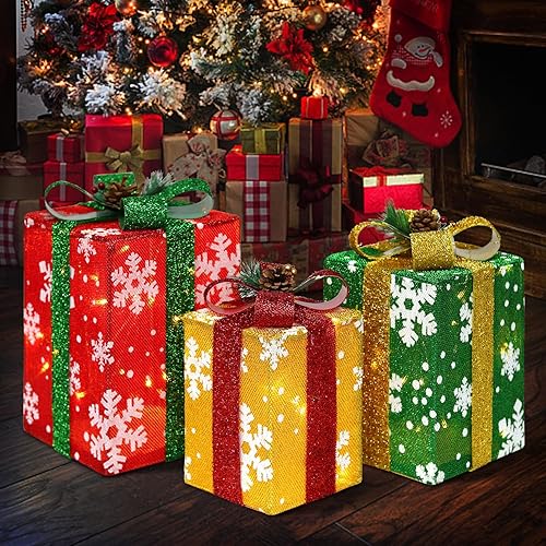 Miniatura 9 de DomKom Juego de 3 cajas de regalo iluminadas de Navidad anidables, decoraciones LED para interiores y exteriores con marco de metal, lazos plateados