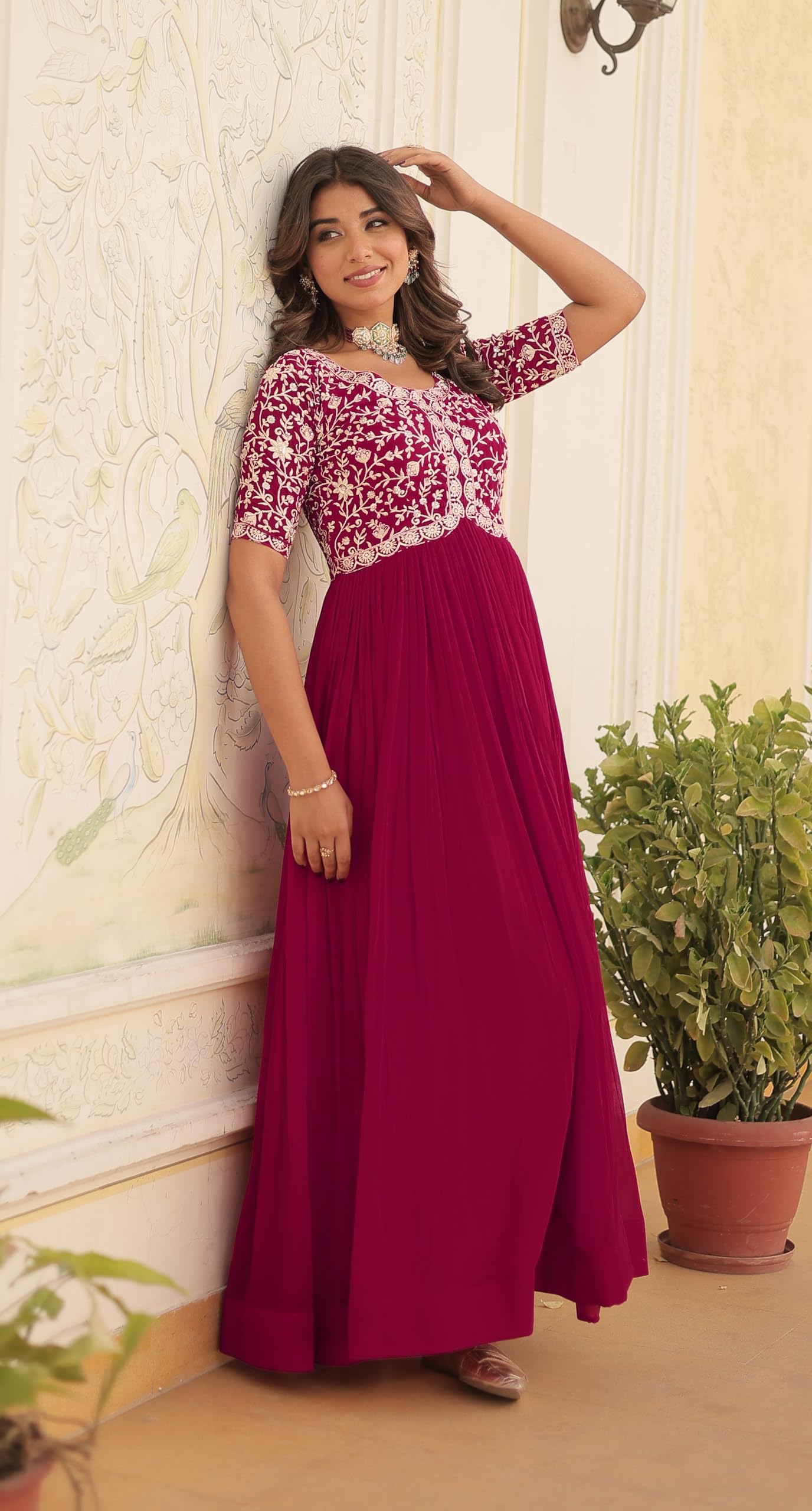 Fashion Basket Georgette Embroidered Anarkali Gown For Women Pink