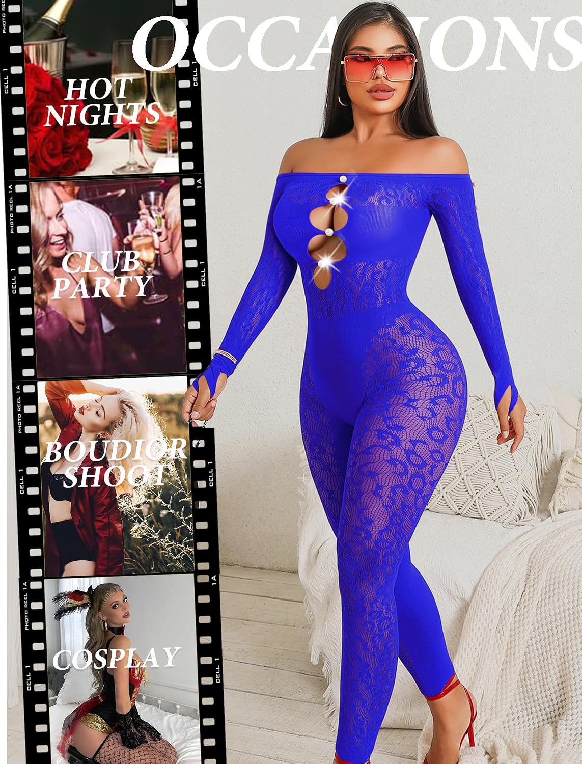 Avidlove Leopard Fishnet Bodysuit for Women Off Shoulder Long Sleeve Cut Out Pearl Lingerie for Club Night Sexy Outfit