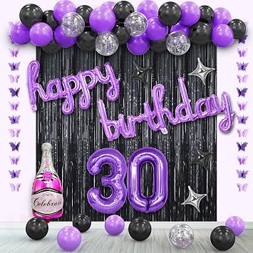 30th Birthday Decorations for Women, Purple Black Happy 30 years old Party Decorations for Her, 30 Birthday Bday Party Supplies.