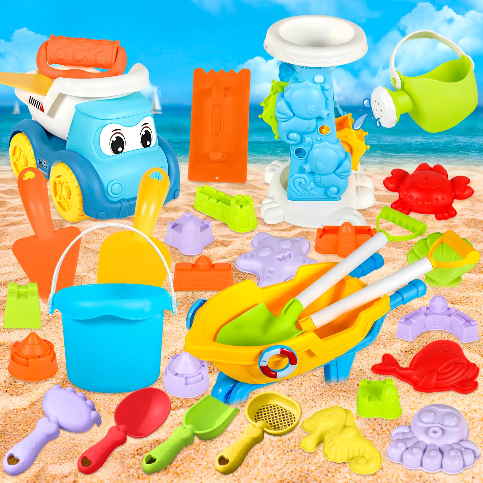 TZPAUG Juguetes Playa, 30 Piezas Juguetes de Playa para Niños con Cubo, Moldes de Arena, Rueda de Agua, Palas y Bolsa de Malla, Uguetes de Playa para Niños, Juguetes de Playa para Niños y Niñas