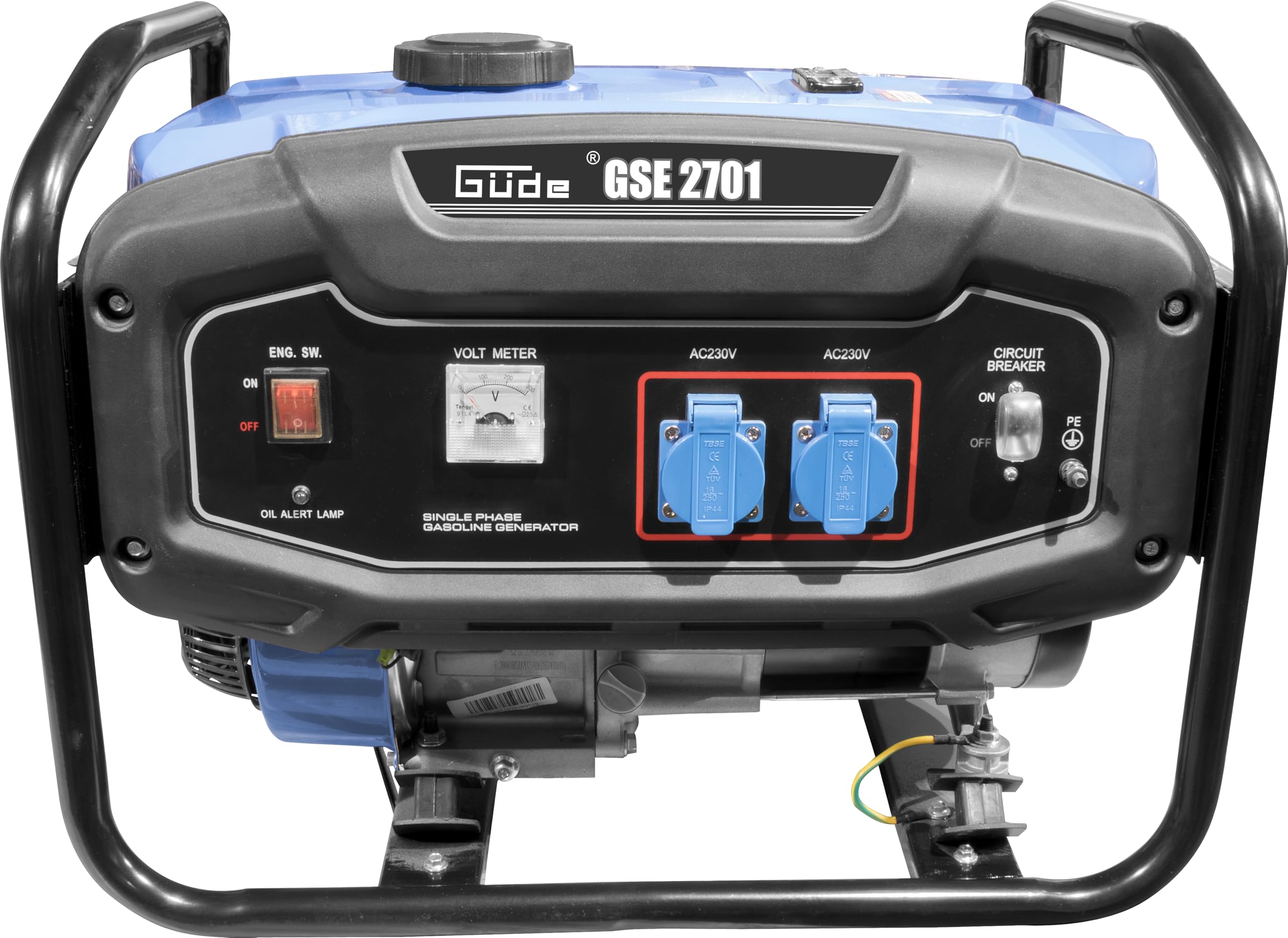 Güde Stromerzeuger GSE 2701 (4-Takt Motor, Benzin, 3,2/4,4 (kW/PS), 2x 230 V Steckdosen, max. 2200 W, Laufzeit bis 17 h, Tank 15 l, AVR, Überlastungsschutz, Tragerahmen, TÜV/GS-geprüft)
