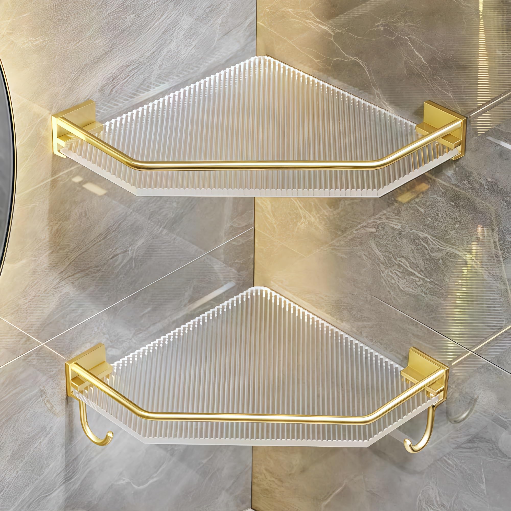 EliteBloom Shower Corner Caddy - Waterproof Wall-Mounted Organizer for Bathroom Vanity Kitchen - Versatile Corner Storage Rack Gold-2-layer