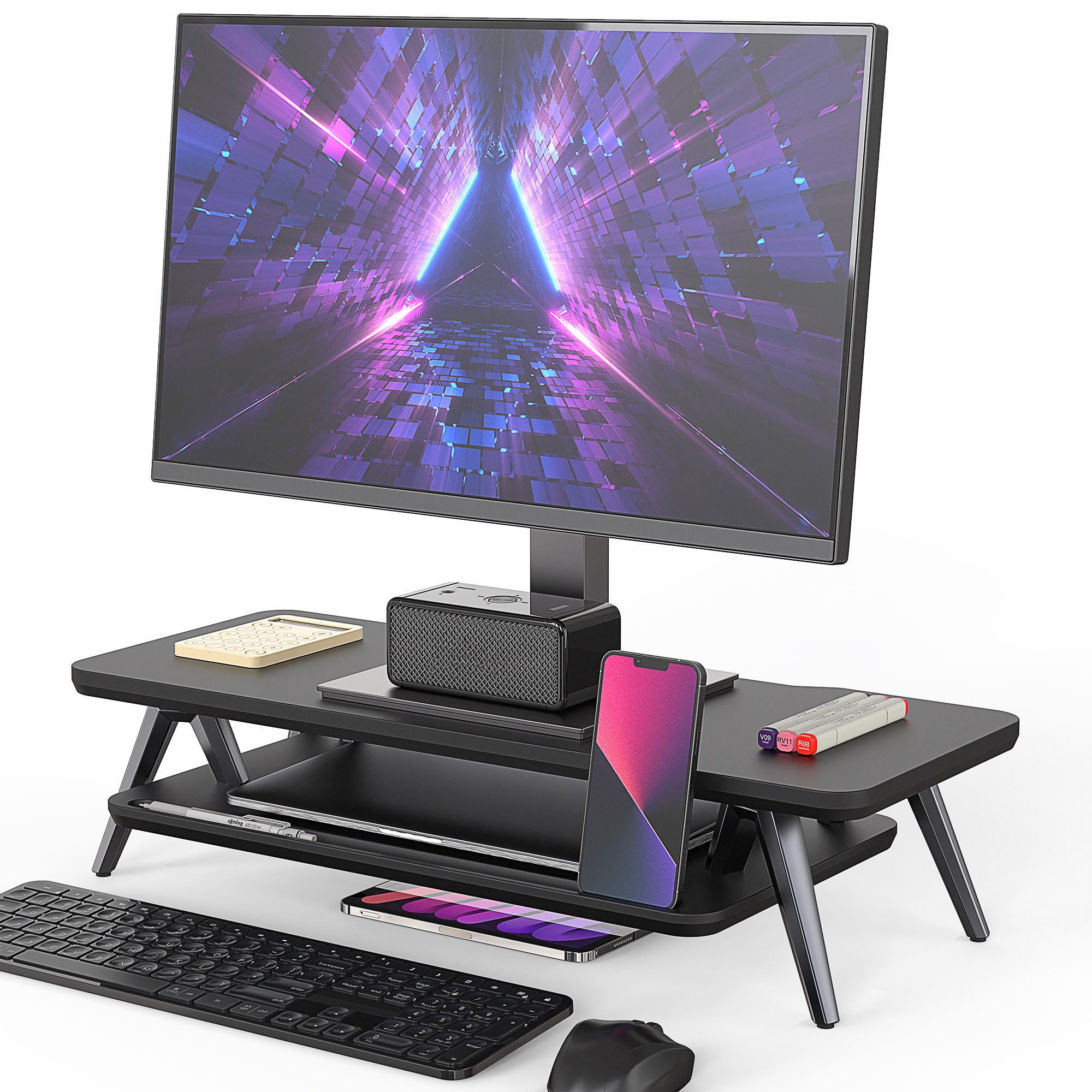 Fenge Soporte Monitor, con Ranura Integrada para Smartphone, Tableta y Bolígrafo, Elevador Monitor de Escritorio de Madera y Metal, para PC, Ordenador Portátil, TV, Hogar y Oficina (Negro, 60cm)