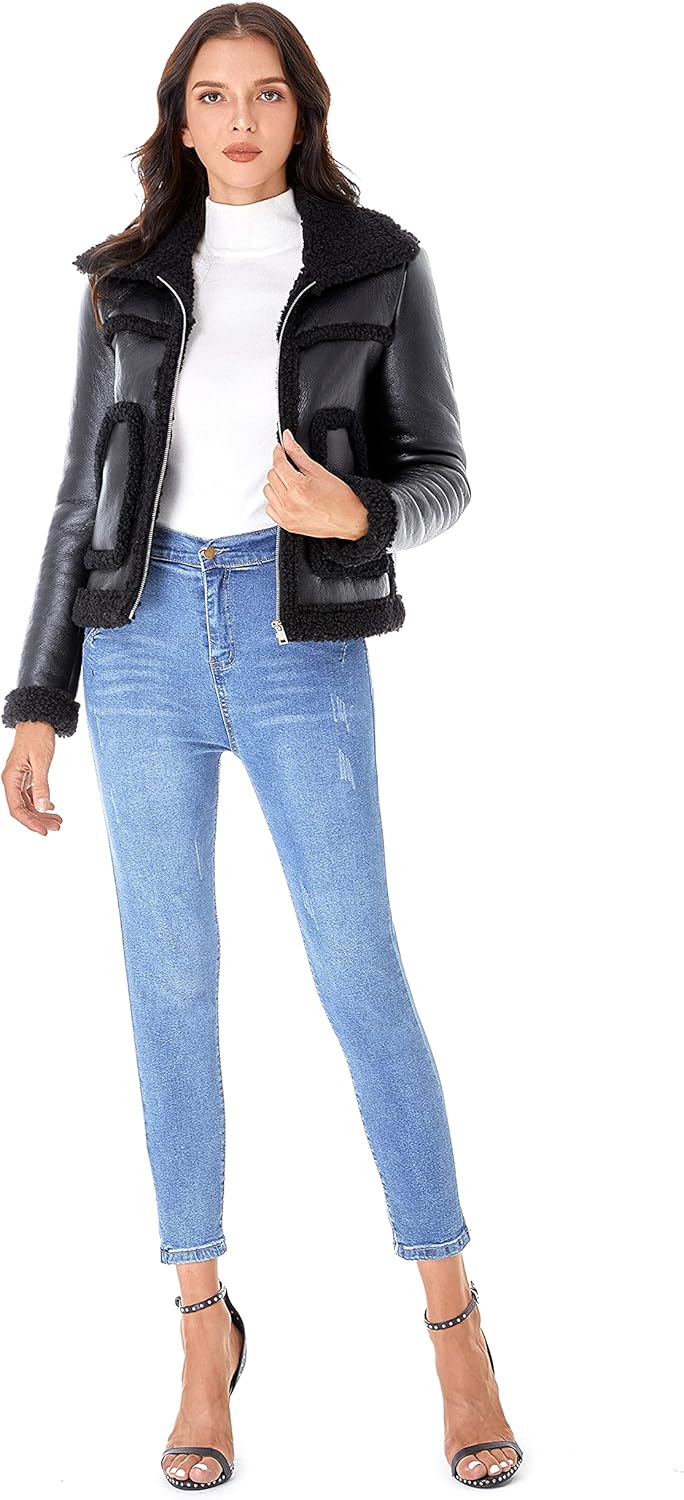 DIASHINY Women's Faux Shearing Fur Winter Coat Warm Thick Fur Lined Faux Leather Jacket - Image 3