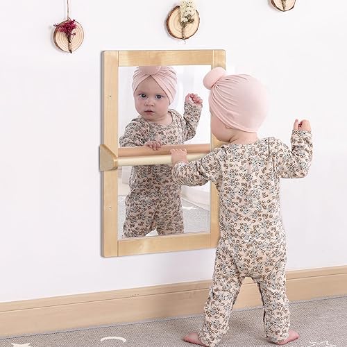 Miniatura 2 de Baby Montessori - Espejo de seguridad con marco de madera que no se rompe con 2 barras de dominadas, espejo pequeño de coordinación infantil para 6