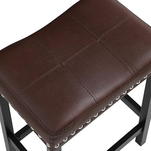 Miniatura 7 de OUllUO 918P-BR3 - Juego de 3 taburetes de bar marrones, taburetes de bar de altura de mostrador, taburetes de piel sintética con marco de metal para