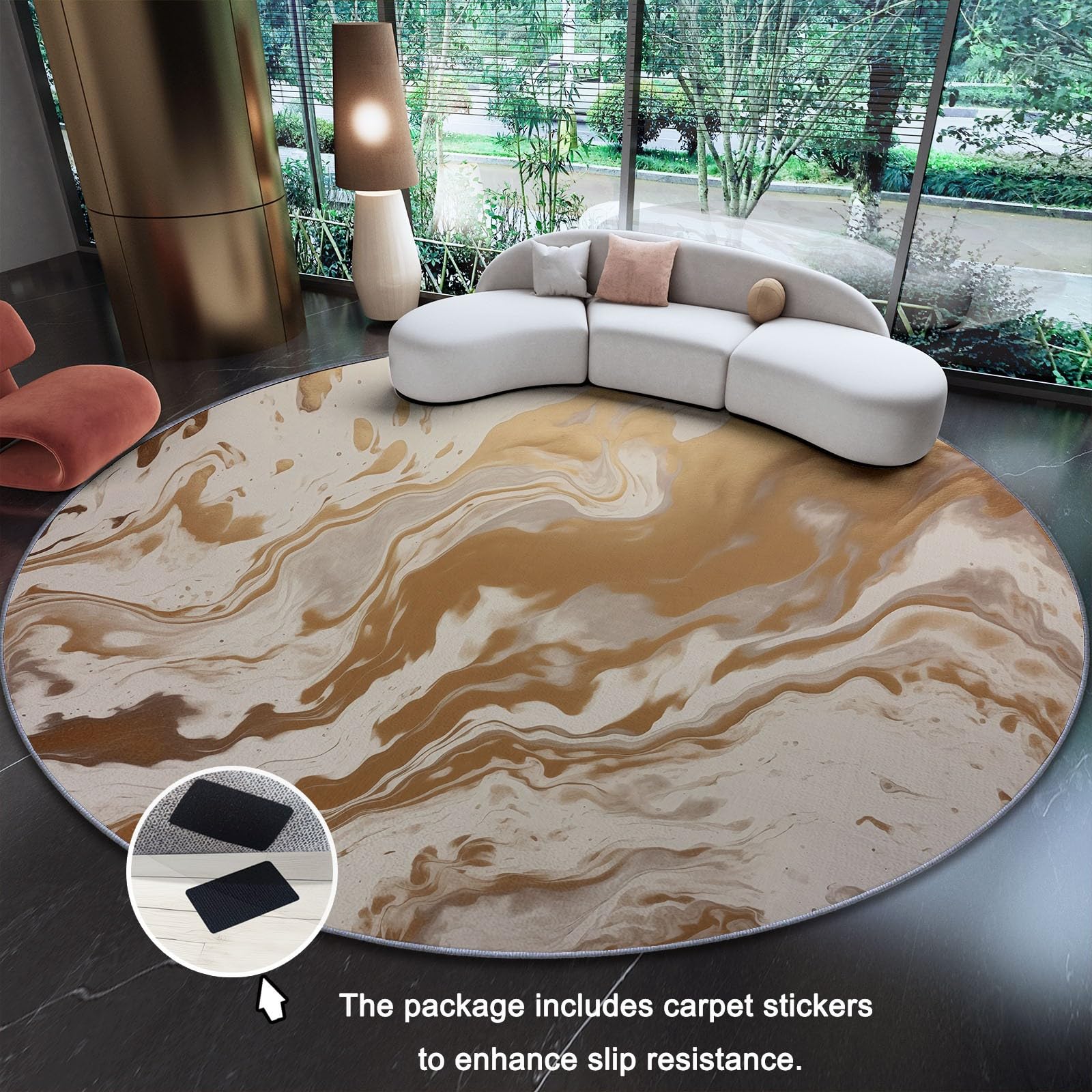 Flauschiger Runder Teppiche Runder 160 cm, Weicher Plüsch Teppich für Schlafzimmer Wohnzimmer - Abstrakt Marmorstruktur Flüssigkeit Farbverlauf Bedruckter Kinderteppich Kuscheliger Teppich Beige