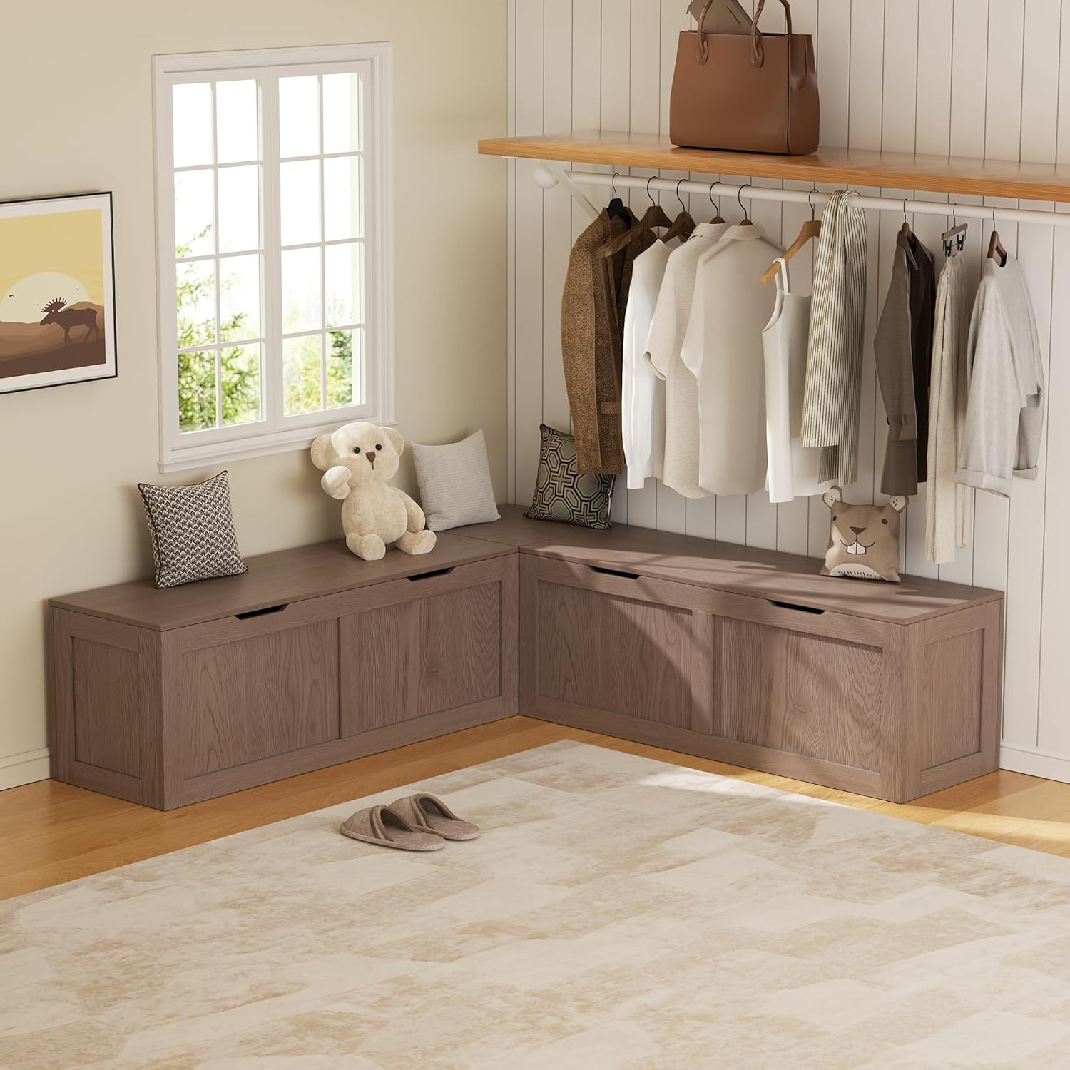 L Shaped Bench with Storage, 63" Breakfast Nook Benches, Kitchen Corner Dining Bench Seating for Entryway Dining Room, Kitchen, Cherry Brown