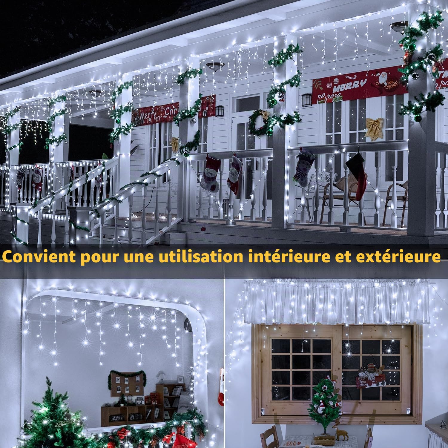 Ollny Pluie Verglaçante Guirlande Lumineuse Extérieure 15M Guirlande Lumineuse Extérieure avec Télécommande Étanche Lumières de Noël Extérieures blanc froid