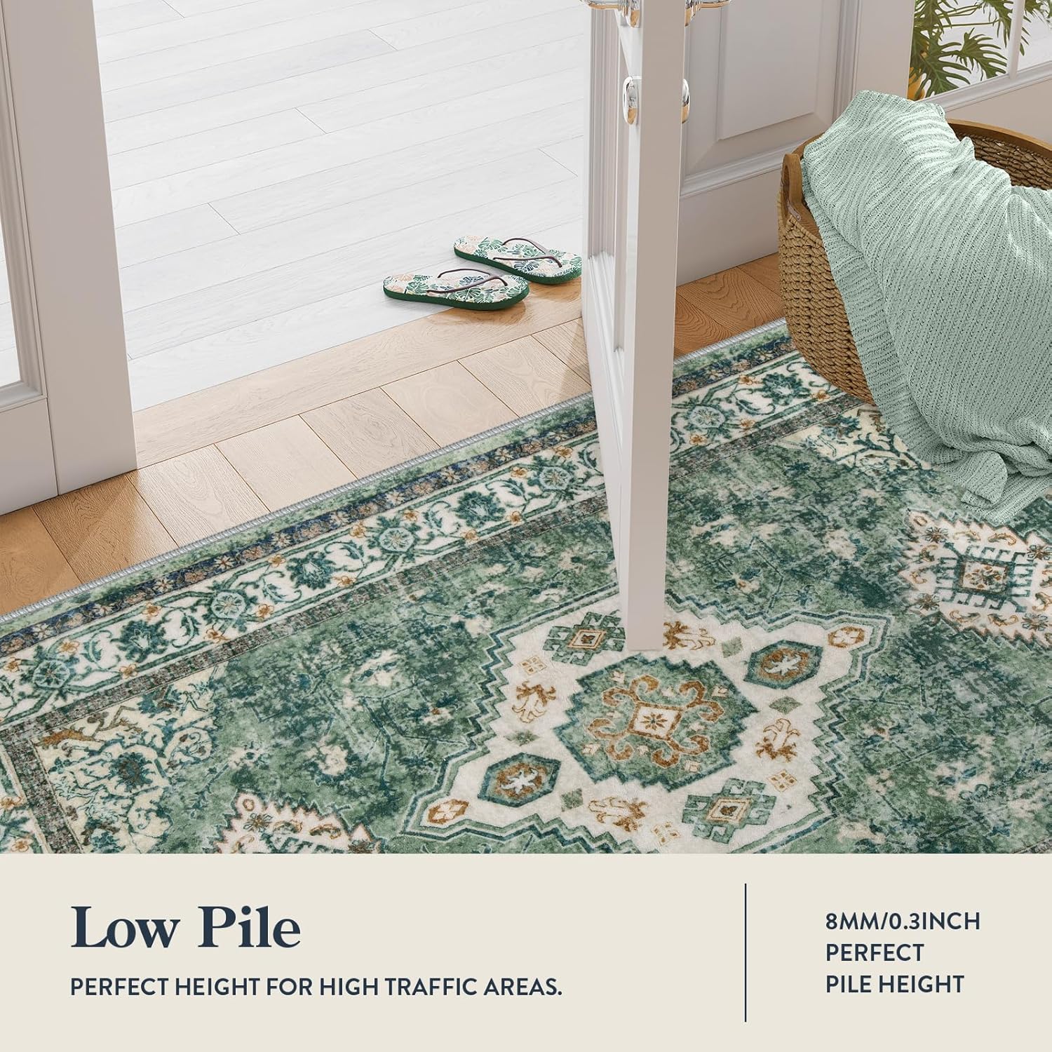Green Floral 2' x 6' Washable Non-Slip Runner Rug