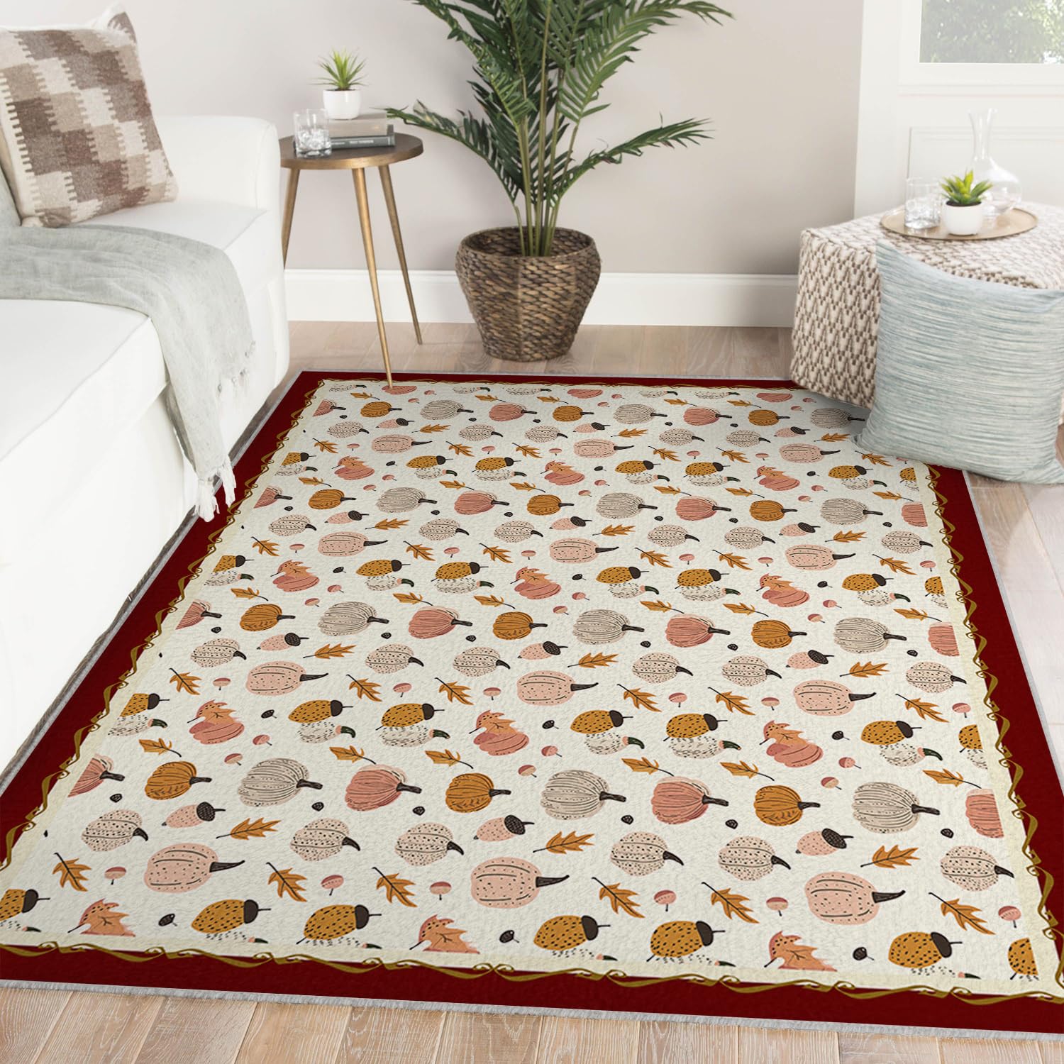 Cartone animato Autumn Pumpkin Area Carpet 140x180cm Foglie arancioni rosa su bordo color crema rosso Tappeto a pelo basso lavabile per l'arredamento autunnale del soggiorno cucina e della nursery