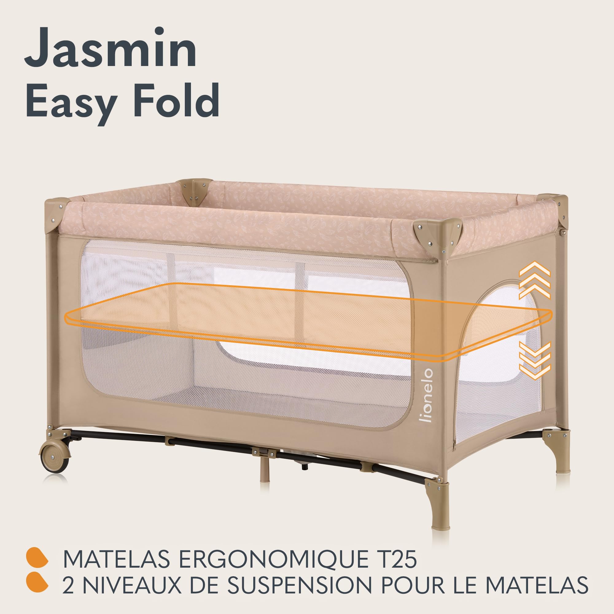 lionelo Jasmin Easy FoldLit de Voyage pour Enfants jusqu'à 15 kg de 0 à 36 Mois Matelas Mousse T25, 2 hauteurs, Facile à Plier Easy Fold, Accès latéral, roulettes