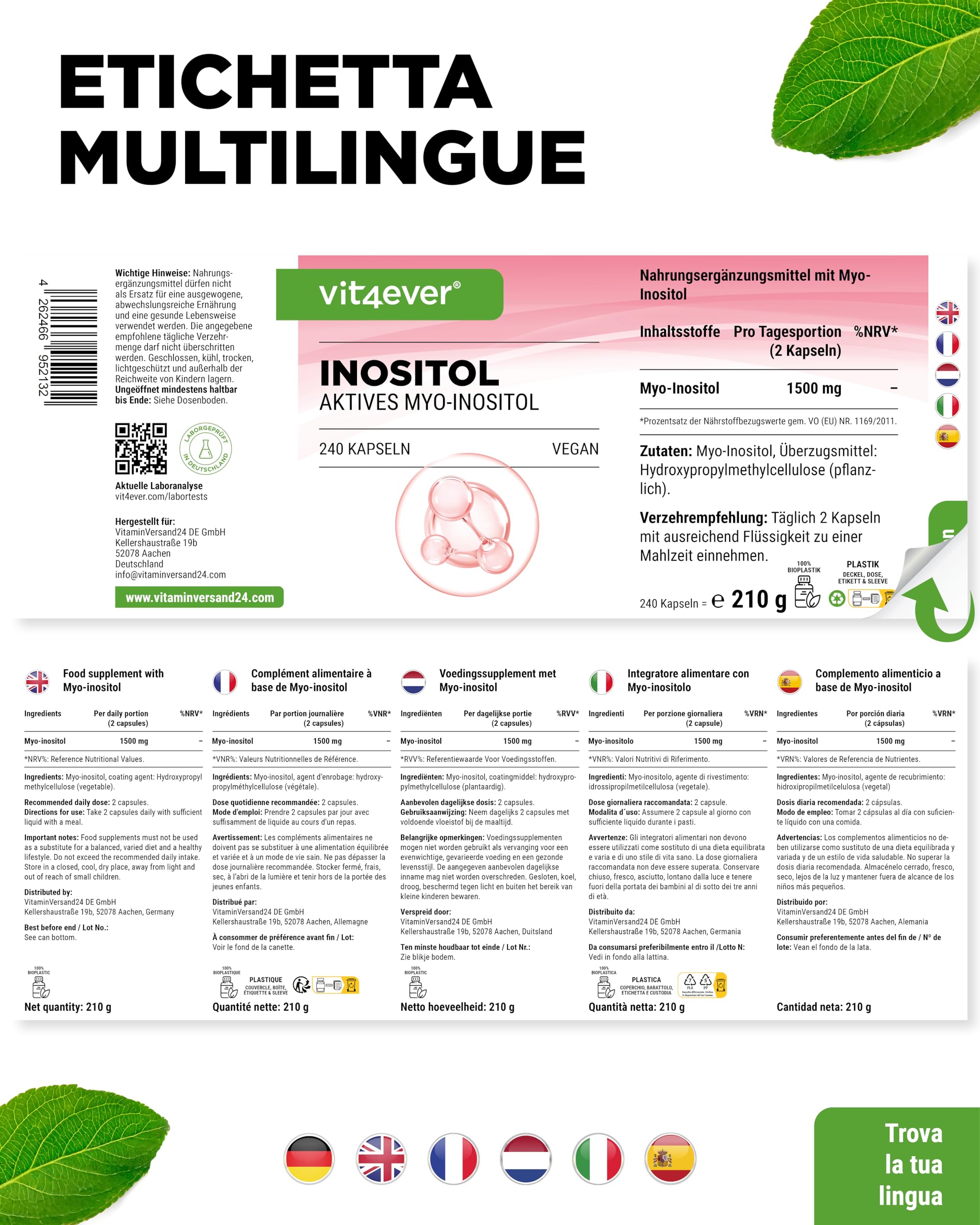 Myo-inositolo 1500 mg al giorno – 240 capsule vegane ad alto dosaggio – Inositolo puro come componente importante del metabolismo cellulare – Senza additivi non necessari