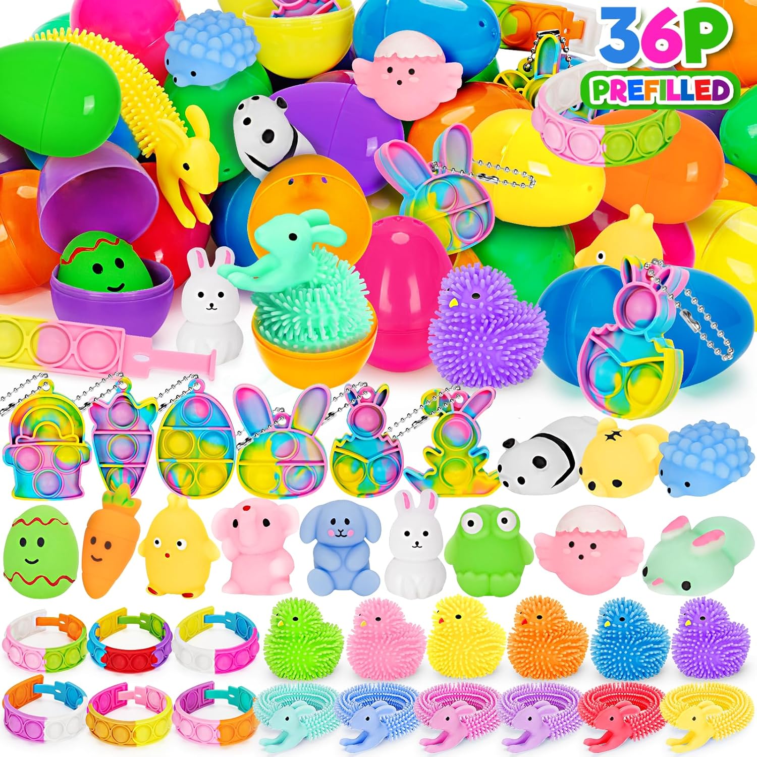 36 Packs Prefilled Easter Eggs with Toys, Plastic Easter Eggs with Toys Inside, Easter Basket Stuffers, Surprise Eggs for Easter Hunt, Easter Classroom Prize Supplies