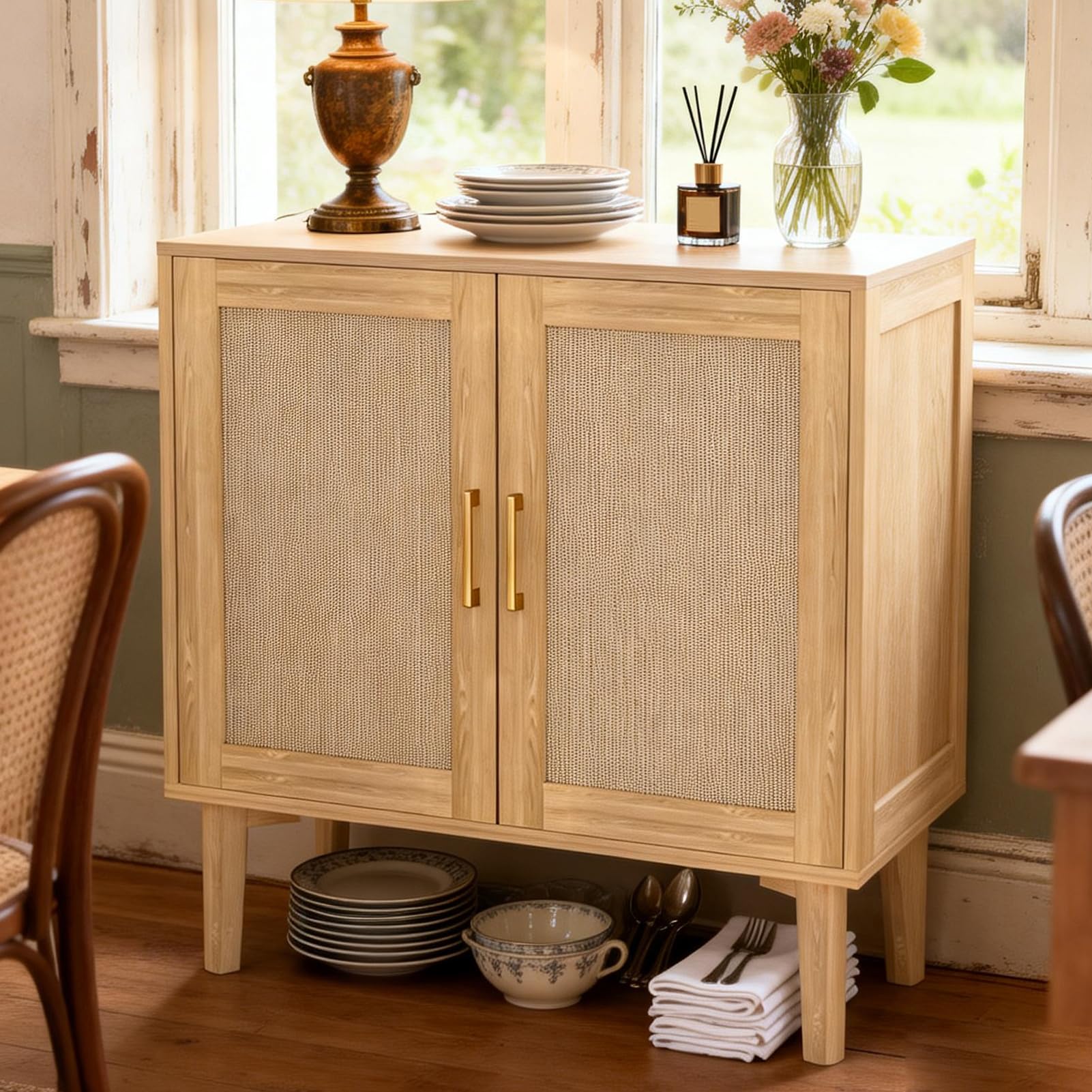 Dpofirs Buffet Cabinet avec Portes en Rotin Pieds en Bois Massif pour