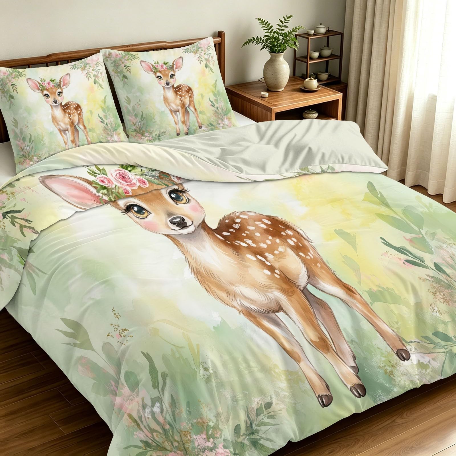 Housse de couette 240x260 imprimé 3D forêt prairie faon parure de lit 2 personnes enfants