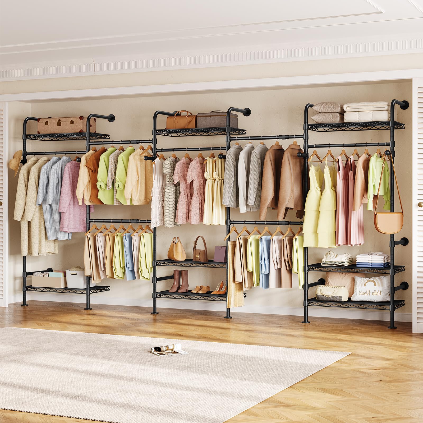 Closet Organizers and Storage, 5-Row Heavy Duty Clothes Rack for Hanging Clothes, Wall Mounted Closet System with 4 Telescopic Rods, 3 Fixed Rods, 6 Hooks, 8 Shelves for Wardrobe, Bedroom, Small Space