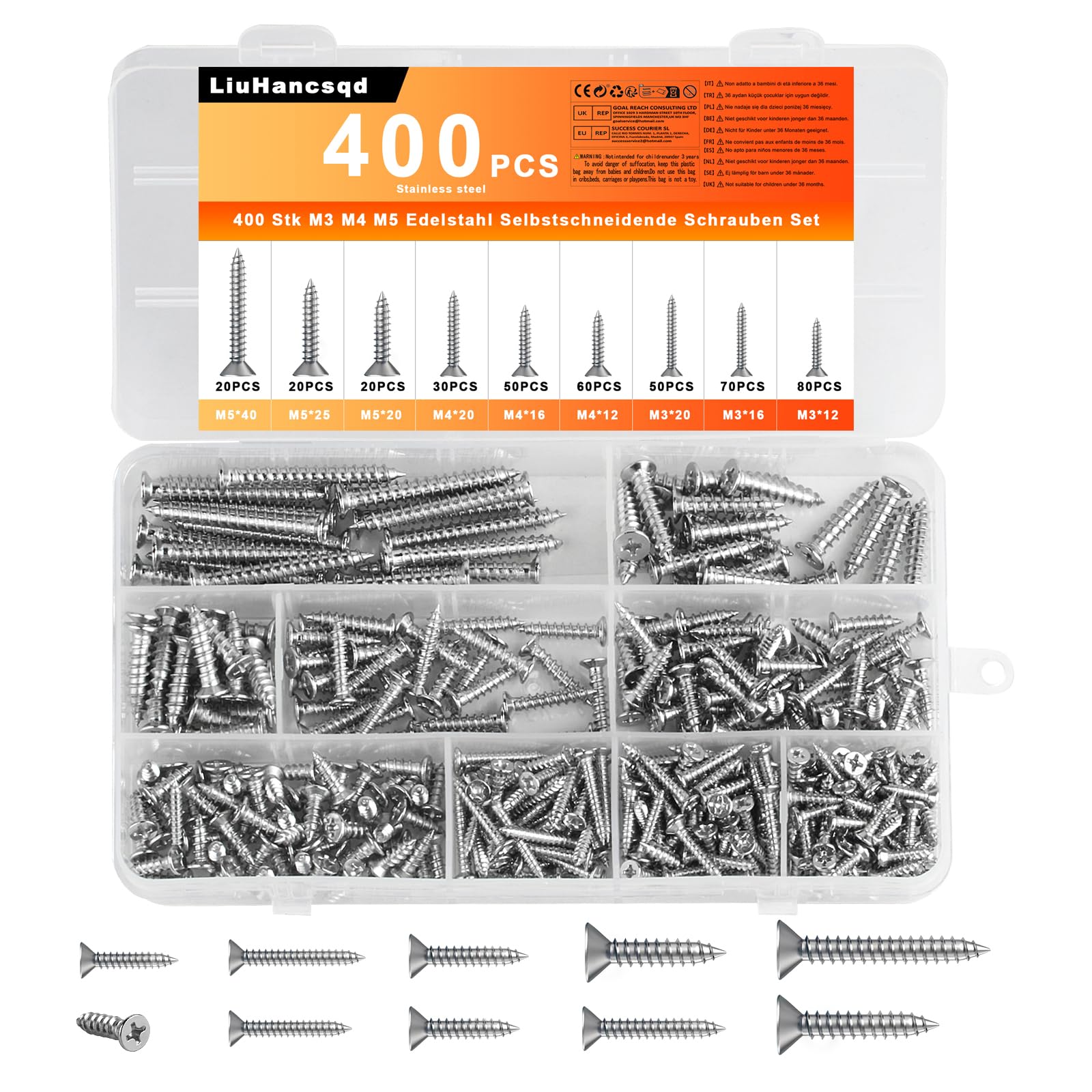 400 Pz M3 M4 M5 Viti Autofilettanti per Legno, Viti a Testa Piatta a Testa a Croce per Lamiera, Viti per Legno a Testa Svasata Croce Assortimento Kit, Set Viti in acciaio INOX