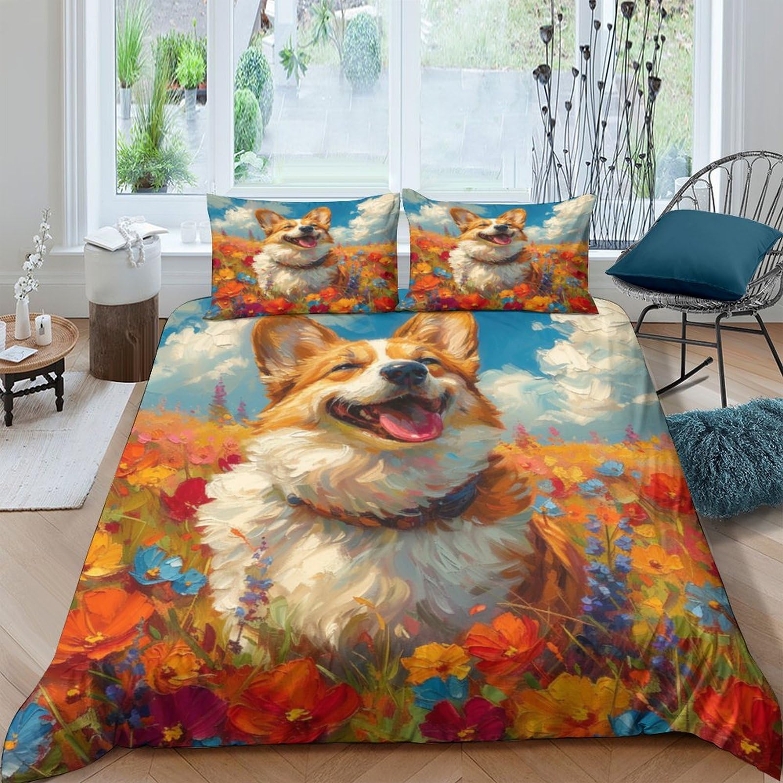 Parure de lit 3 pièces avec housse de couette motif chien facile à laver
