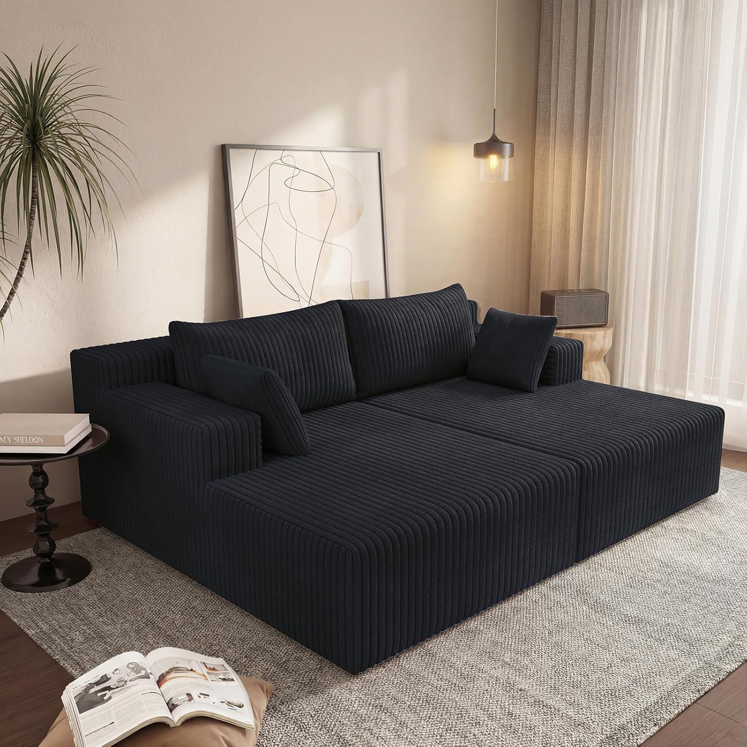 Boneless Oversized Chaise Lounge Sofa Chair, 71" Corduroy Sleeper Bed Indoor with 4 Pillows, Comfy Compressed Cloud Couch Upholstered Floor Sofa Bed for Living Room Office Apartment (Antique Black)