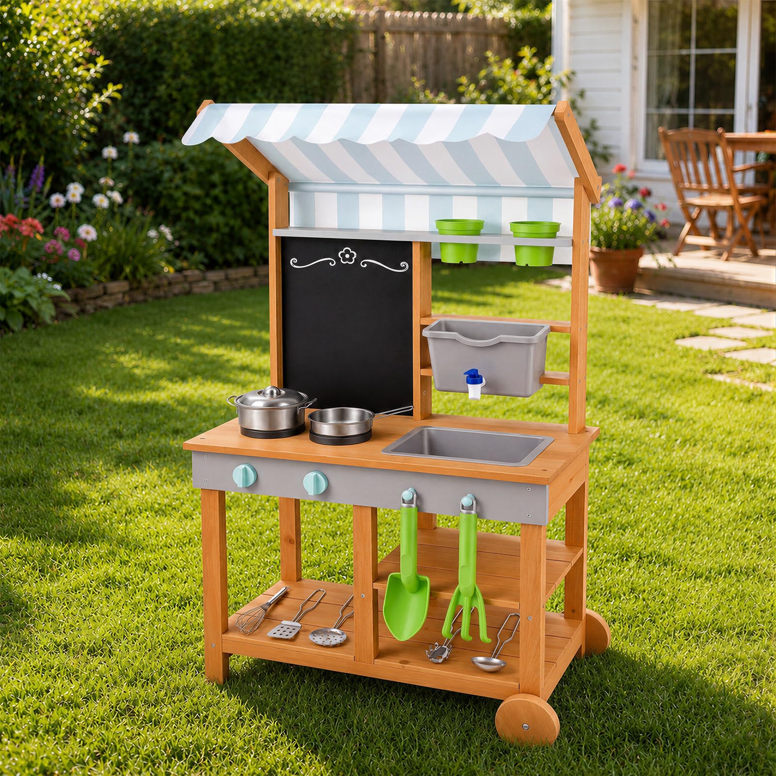 Matschküche Kinder Outdoor Holz mit Wasserdichtem Dach & Rädern, Kinderküche mit Wassertank Wasserhahn Kreidetafel & Spielküche Zubehör Set, Matschtisch Mud Kitchen Gartenspielzeug für Jungen Mädchen