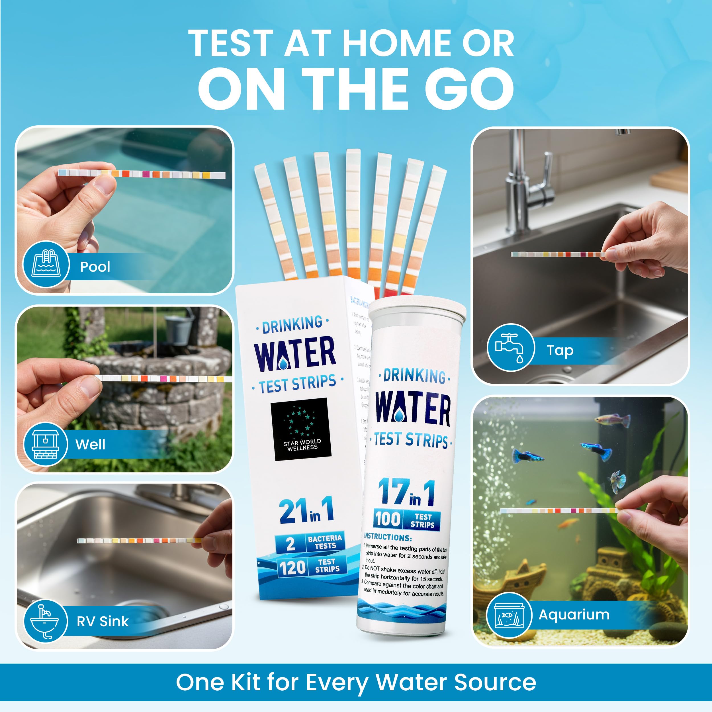 21 in 1, kit di test dell'acqua potabile, 120 strisce reattive + 2 test batteri. Test di qualità dell'acqua del rubinetto e del pozzo per piombo, pH, durezza, cloro, nitrato