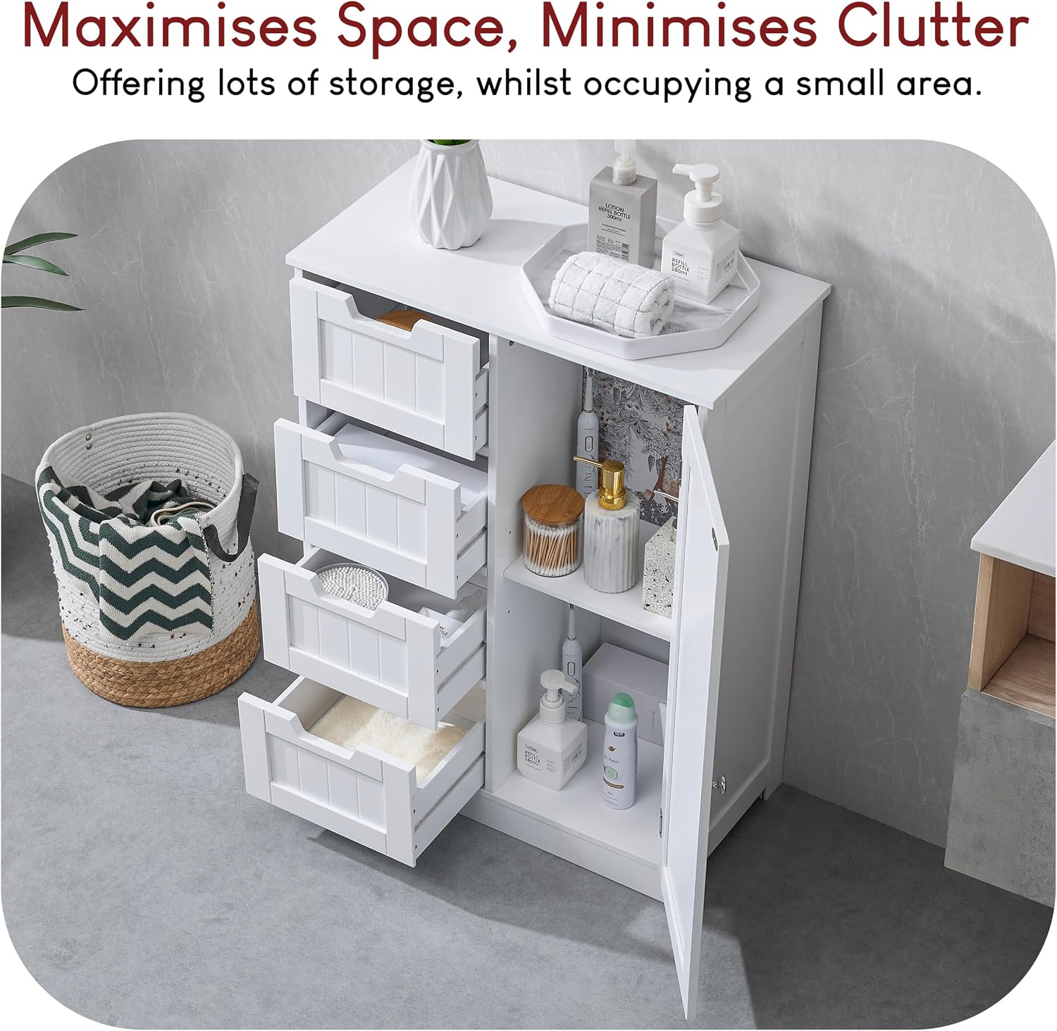 Bath Vida Priano 4 Drawer & 1 Door Bathroom Floor Cabinet | White | Space-Saving Storage | 81H x 60W x 30D cm | Adjustable Shelf | Anti-Tip | Freestanding | Modern Wooden Storage Unit
