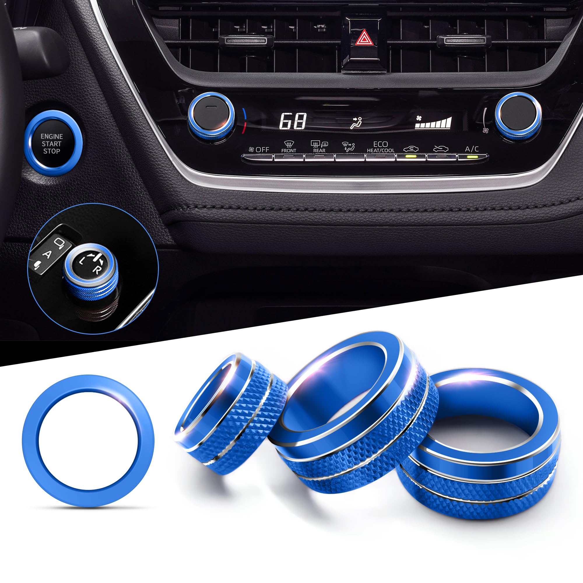 Polodunn for 2020-2025 2026 Toyota Corolla & 2022-2025 2026 Corolla Cross Accessories, 4pcs Aluminum Alloy Knob Cover Trim Set - Rearview Mirror Switch, AC & Push Start (Blue)