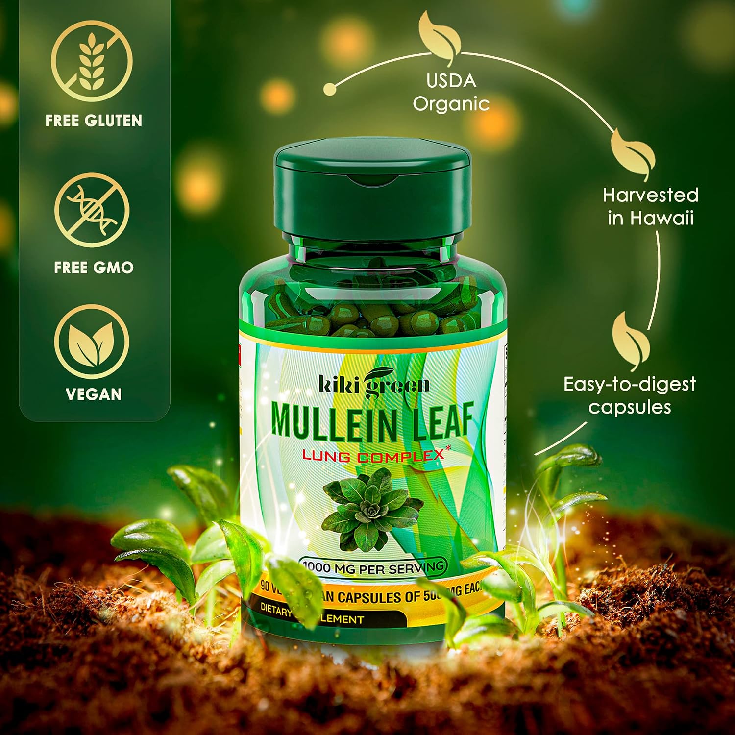 KIKI Green Mullein Leaf Capsules - Lung Cleanse - Mullein Leaf Extract 1000mg Herbal Supplement, 90 Vegan Capsules for Daily Use