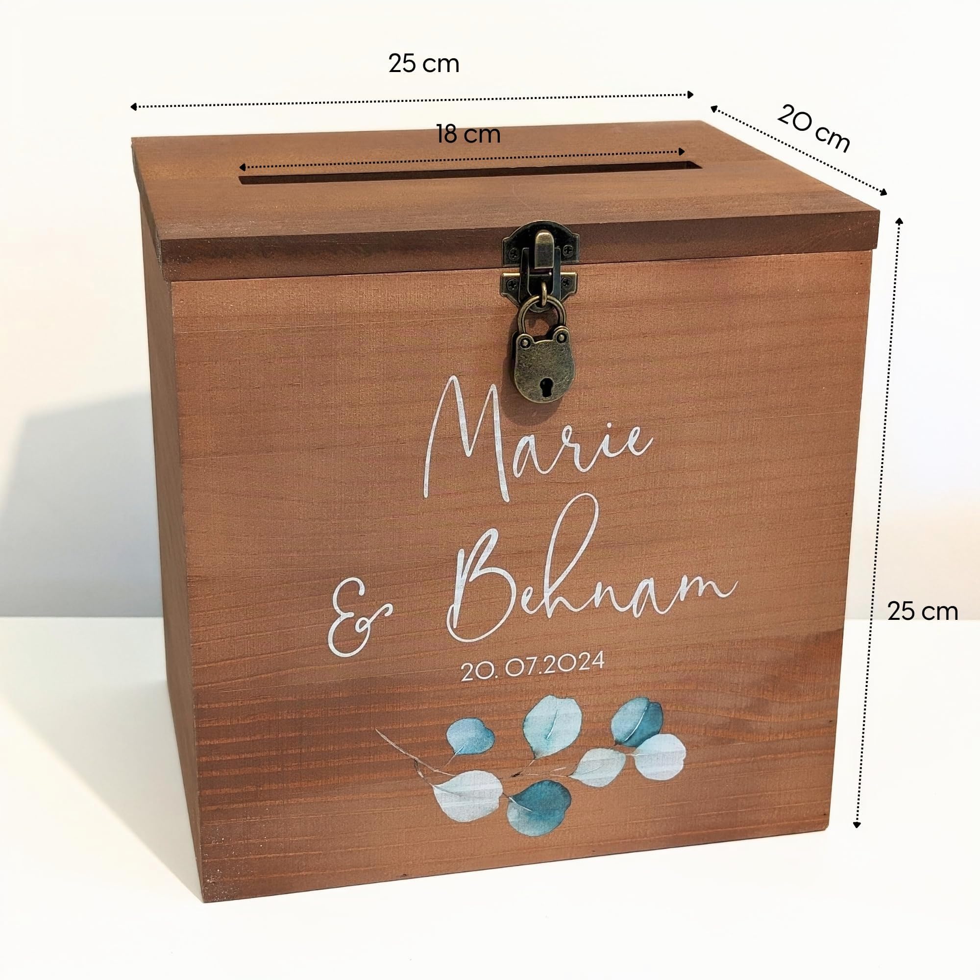 Grande urne personnalisée Mariage en Bois avec Cadenas | 25 x 25 x 20 CM | Urne Mariage, PACS, Baby-Shower, Baptême, Communion, Anniversaire, Retraite - Thème Eucalyptus | TE Whaka