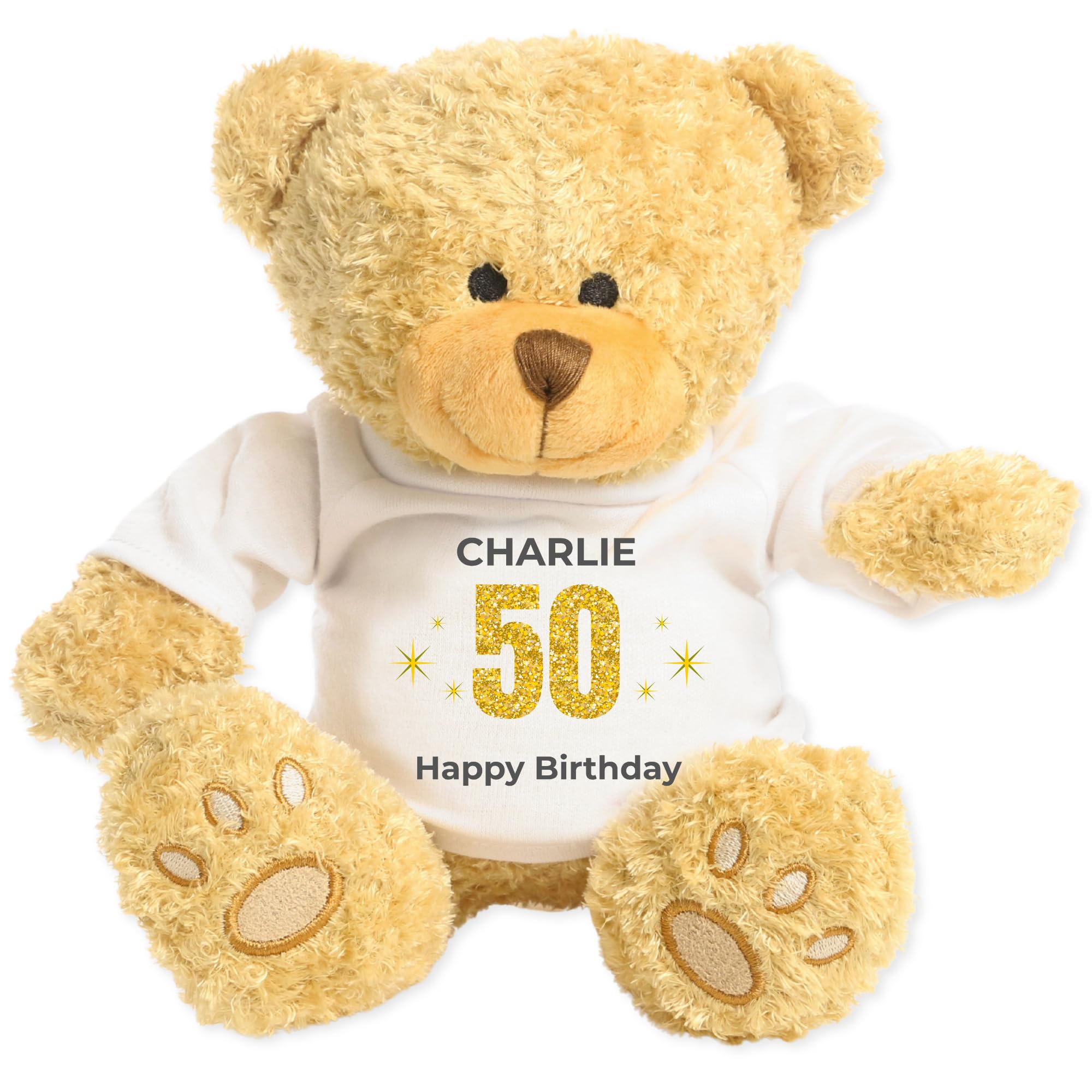 Dotty Moo Personalised 50th Birthday Classic Teddy Bear Gift for Her Him | Custom Name Keepsake Plush Bear | 50th Birthday Present (Gold)
