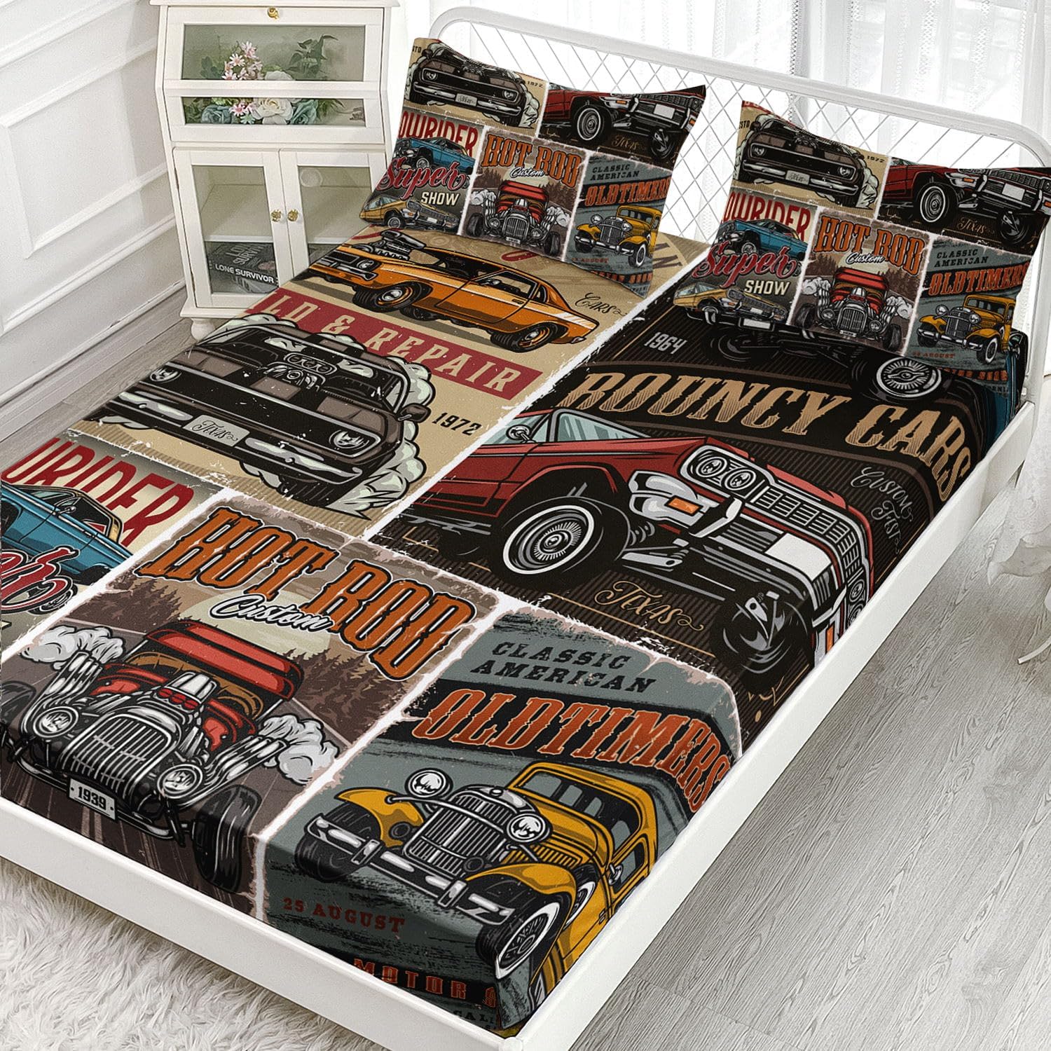 Race Car Sheets Set 4Pcs for Kids, Extreme Sport Game Vintage Car Sign Sheet Set with 1 Flat Sheet and 1 Fitted Sheet + 2 Pillowcases(Car Game Full)