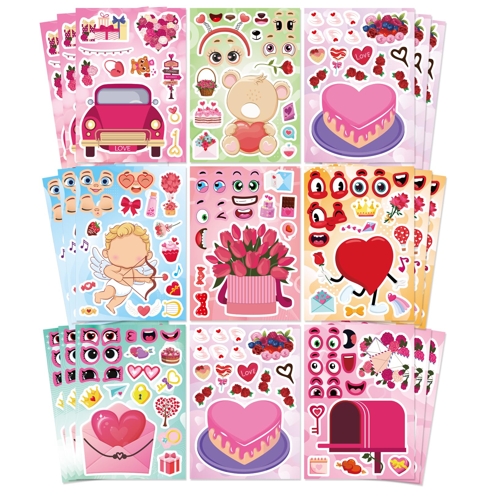 24 Sheets Valentine Stickers for Kids Toddlers, Make Your Own Valentine's Day Stickers, Valentine Make-a-face Stickers 8 Designs, Valentine Day Gift
