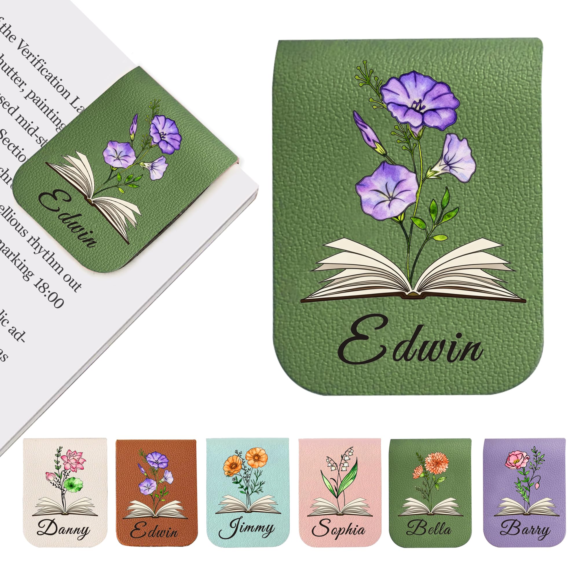 EDSG Personalised Magnetic Bookmark, Leather Name Bookmarks with Birth Flower for Book Lovers, Readers, Teacher, Students, Custom Book Mark for Women Men Christmas Birthday (Green)