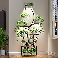 BACEKOLL 62" S-Shaped Indoor Plant Stand with Grow Lights, 8-Tier Corner Shelf for Living Room Plants, Full-Spectrum Lights, Patent Design, Brown