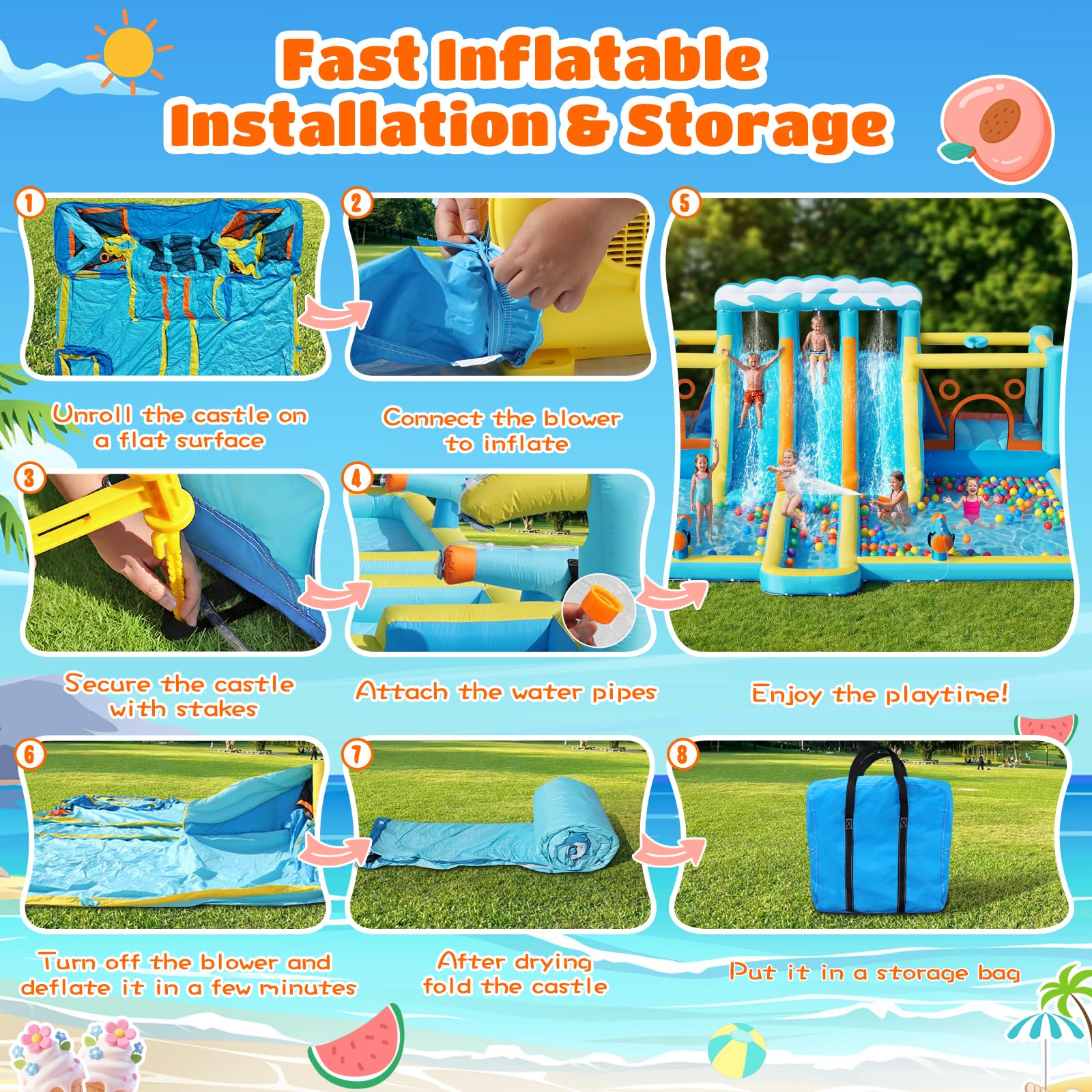 FBSPORT Hüpfburg & Wasserrutsche, 10-in-1 Wasserpark mit 3 Gleiten, 2 Sprungzonen & Kletterwand, 950W Gebläse, Gartenanlage mit Wasserwaffe, Planschbecken & Spielzubehör