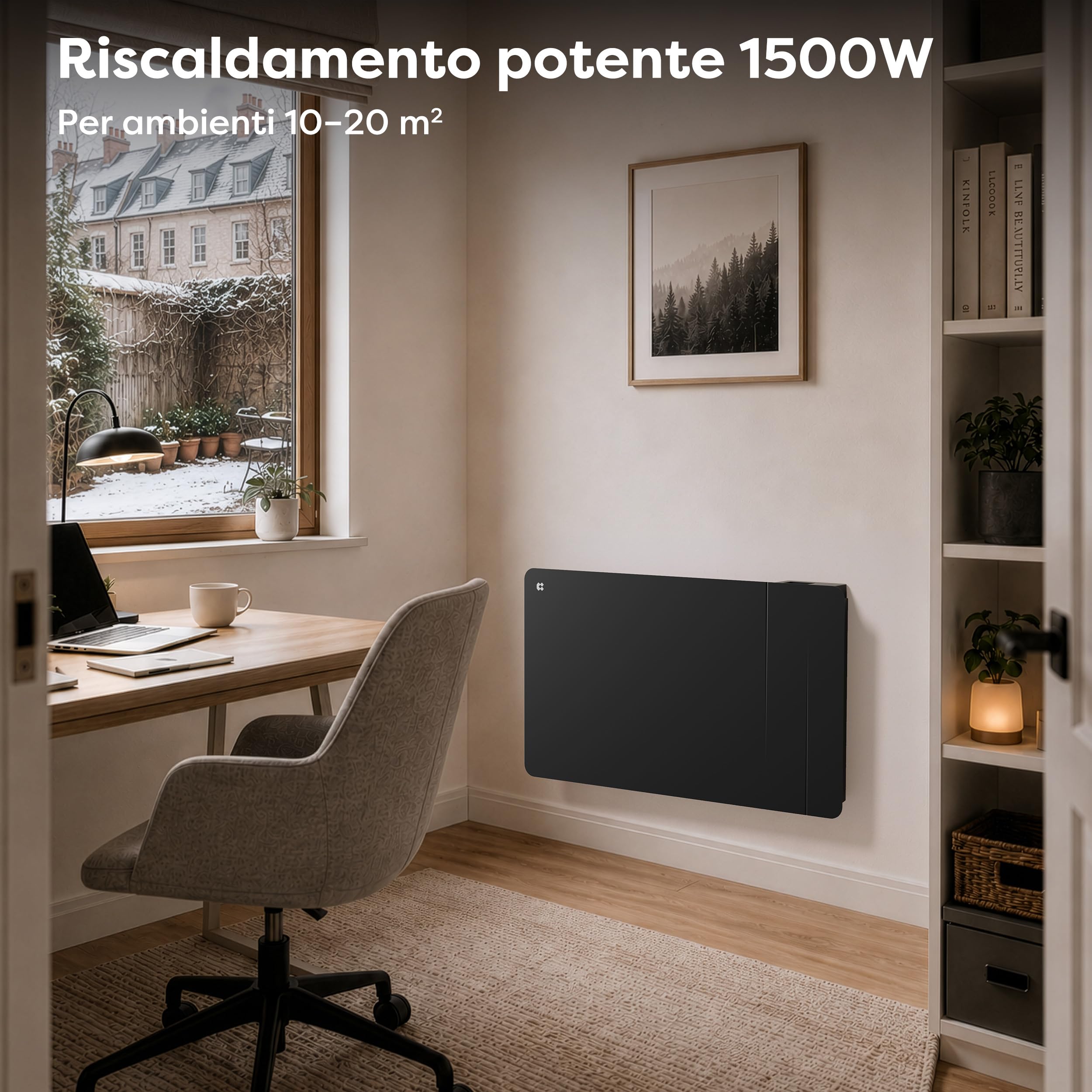 CIARRA Radiatore Ceramica e Pellicola Riscaldante 1500W - WiFi-Nero | Riscaldamento a Parete Intelligente PID per Soggiorno/Bagno (10-20㎡) - Calore omogeneo - Anti-gelo