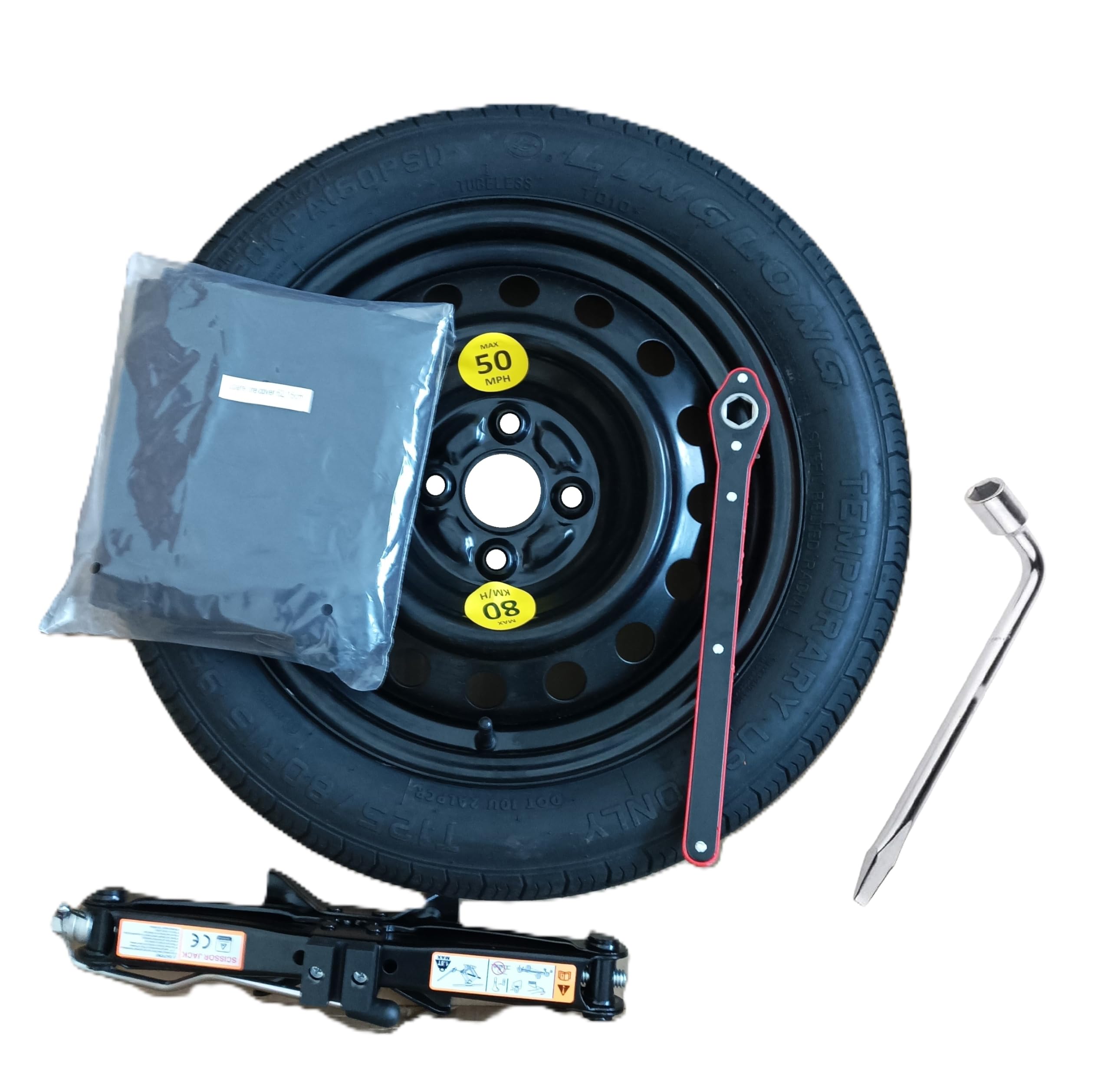 Kit Ruotino di Scorta 15" compatibile con Toyota Yaris 4 fori (1999-2019) con Cric, Chiave, Guanti e Sacca
