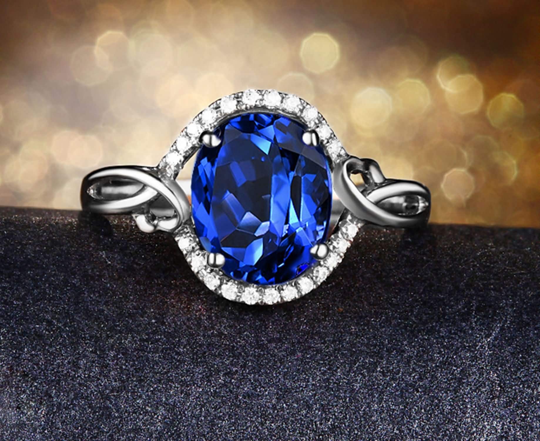 Anelli Fidanzamento di Oro Bianco Donna 9K / 14K / 18K, 4 Griffe Ovale con Zaffiro Sintetico e Moissanite, Donna Anello in Blu Argento Eternity