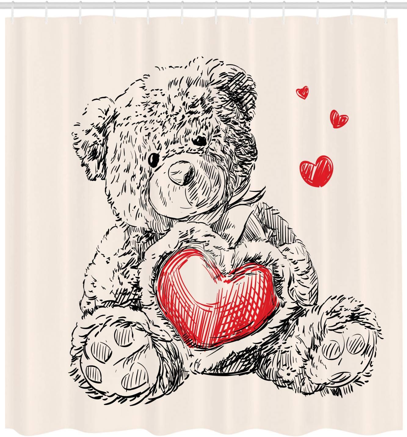 Ambesonne Cartoon Shower Curtain, Detailed Teddy Bear Drawing with Heart Instead of a Belly Mini Floating Hearts, Cloth Fabric Bathroom Decor Set with Hooks, 69" W x 70" L, Red Black White