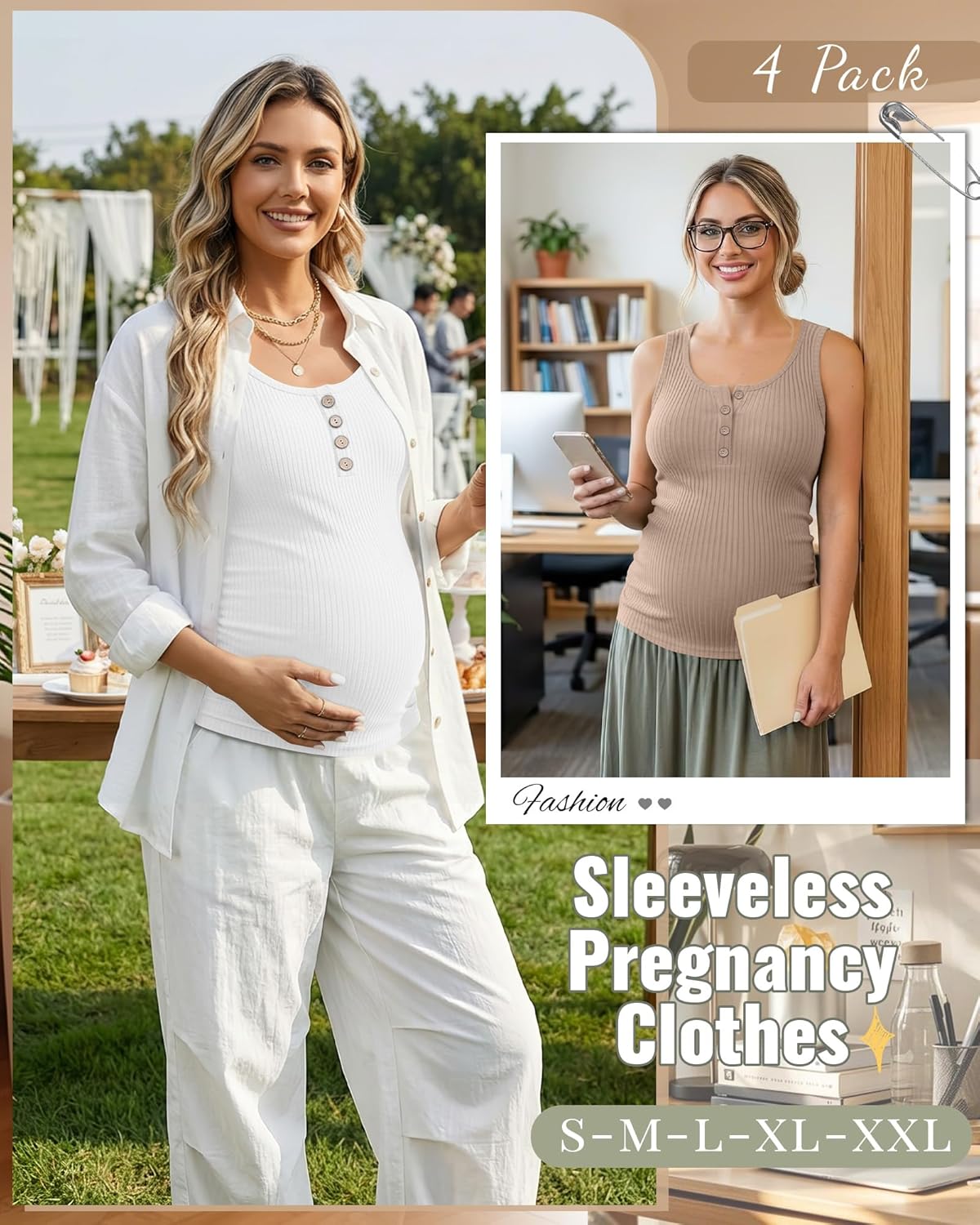 4 Pack Women's Maternity Tank Tops Henley Cotton Scoop Neck Shirt Ribbed Side Ruched Sleeveless Pregnancy Clothes - Image 4