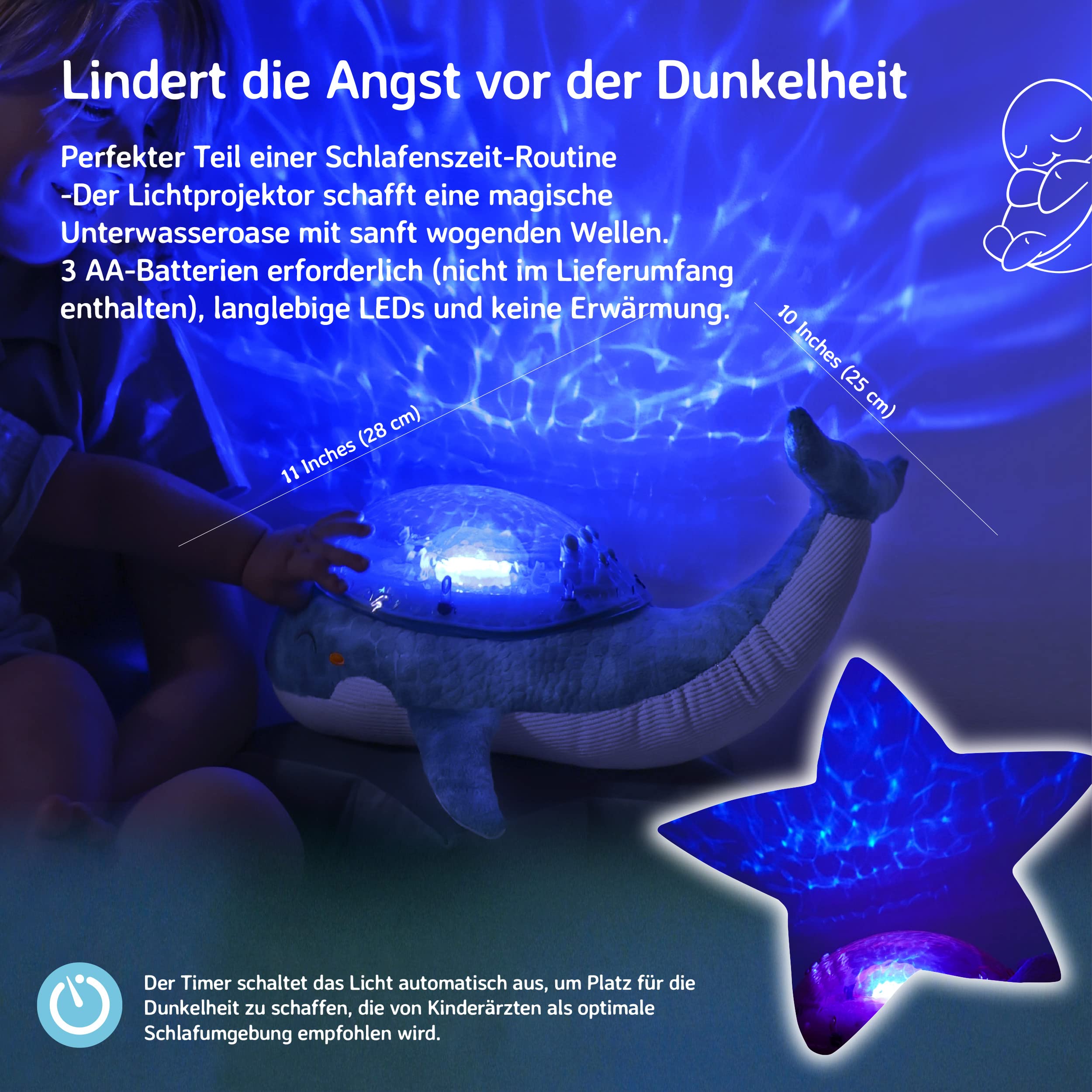 Cloud b Nachtlicht Ozean Projektor mit Beruhigenden Klängen, Einstellbarer Helligkeit & Bewegung, 23 Min Auto-Off, Babywal Spieluhr, Tranquil Whale Blau