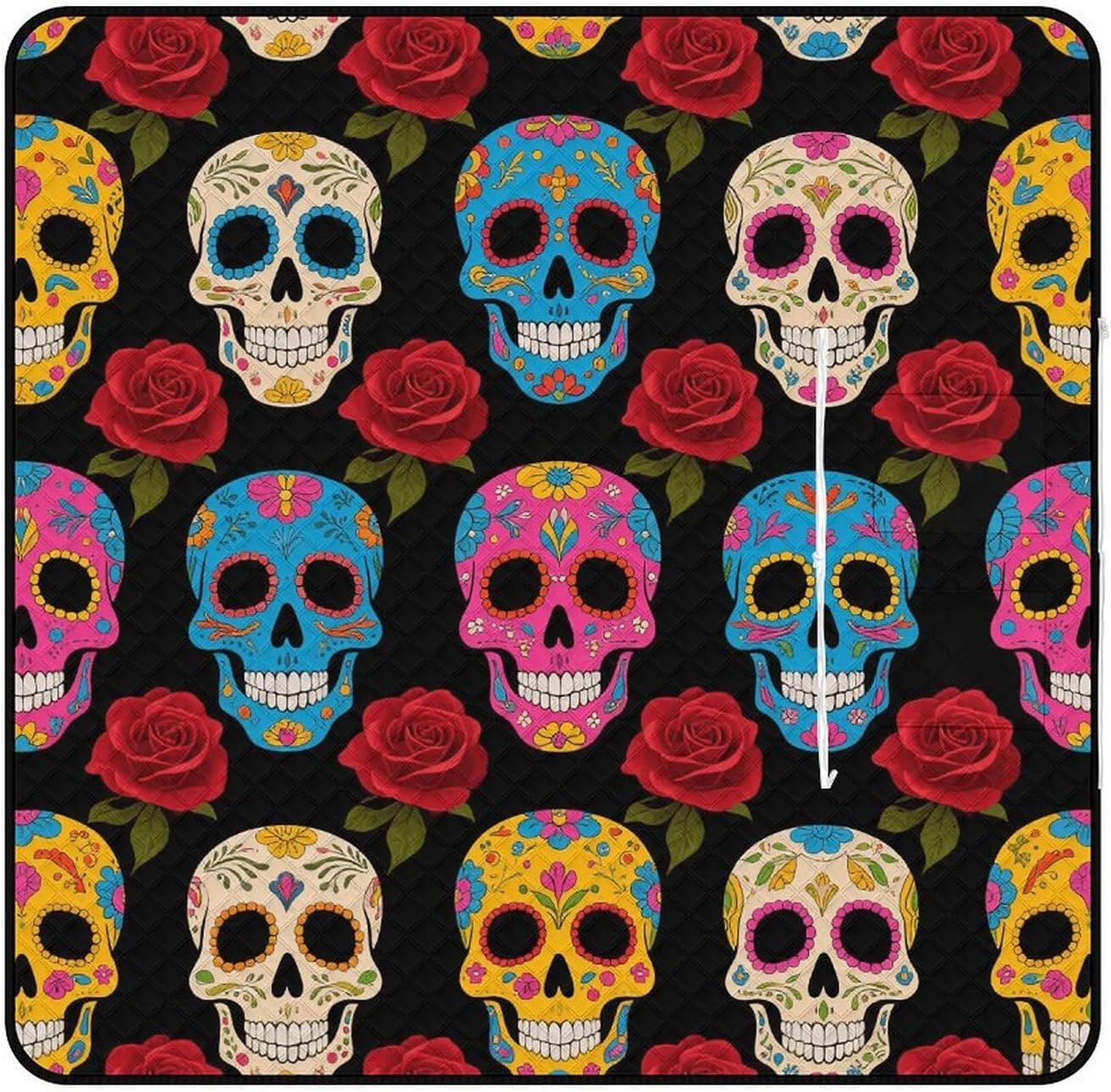 Sugar Skulls Picnic Blanket 200x200cm, Foldable 2-in-1 Picnic Mat and Tote Bag Portable Waterproof Beach Mat Sandproof Outdoor Blanket for Park, Hiking, Beach, Camping, Travel
