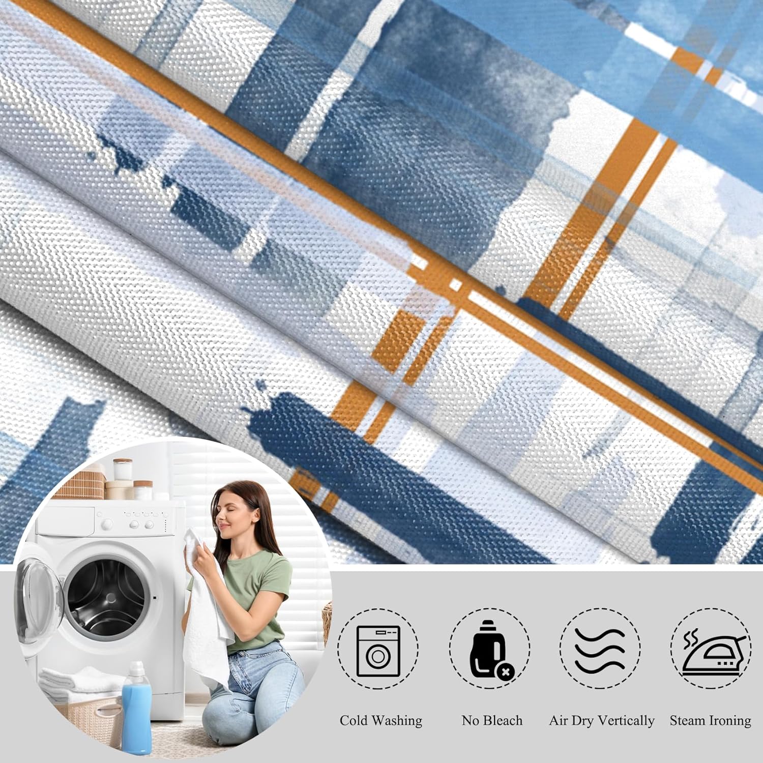 Watercolor Checkered Pattern Shower Curtain Blue Printed Bath Curtain Waterproof Washable Fabric Bathroom Bathtub Decor Shower Curtain Set with Hooks 72x72 Inch