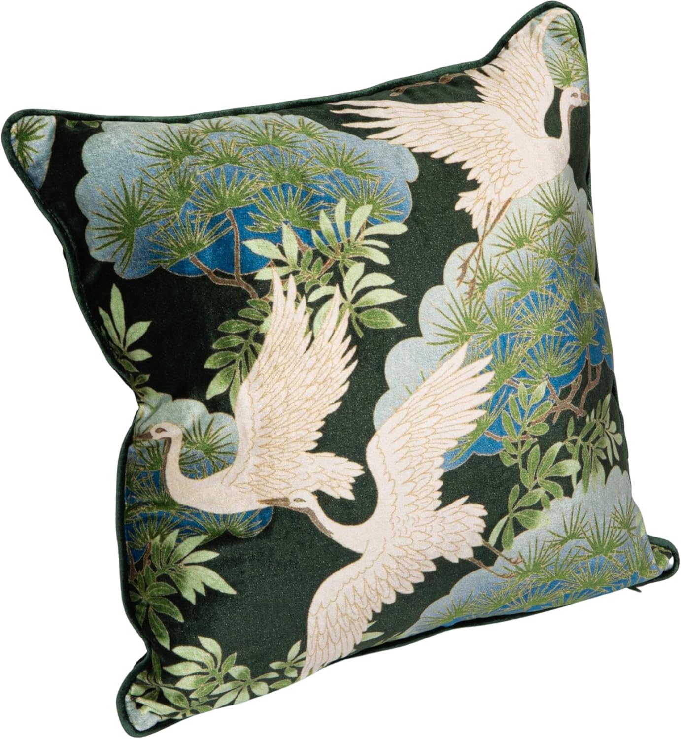 Creative Co-Op Cotton Blend Velvet Printed Pillow with Cranes and Piping, Multicolor, Heron Pattern