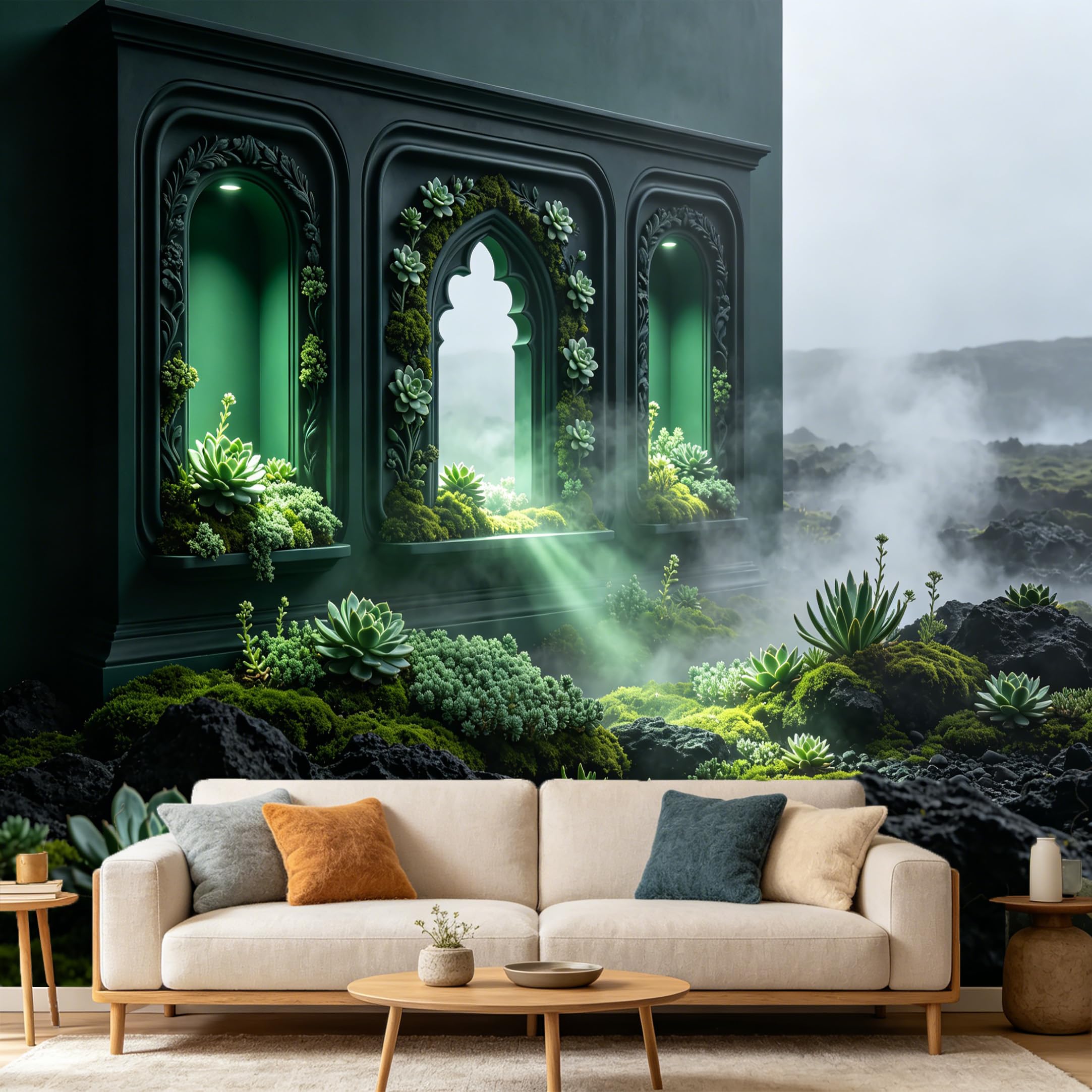 Custom Size Wall Mural， Botanical Succulent Archway Mist Mountain， SelfAdhesive Art Prints wall Fabric Removable Large Wallpaper Home Living Room Decor 3D Mural
