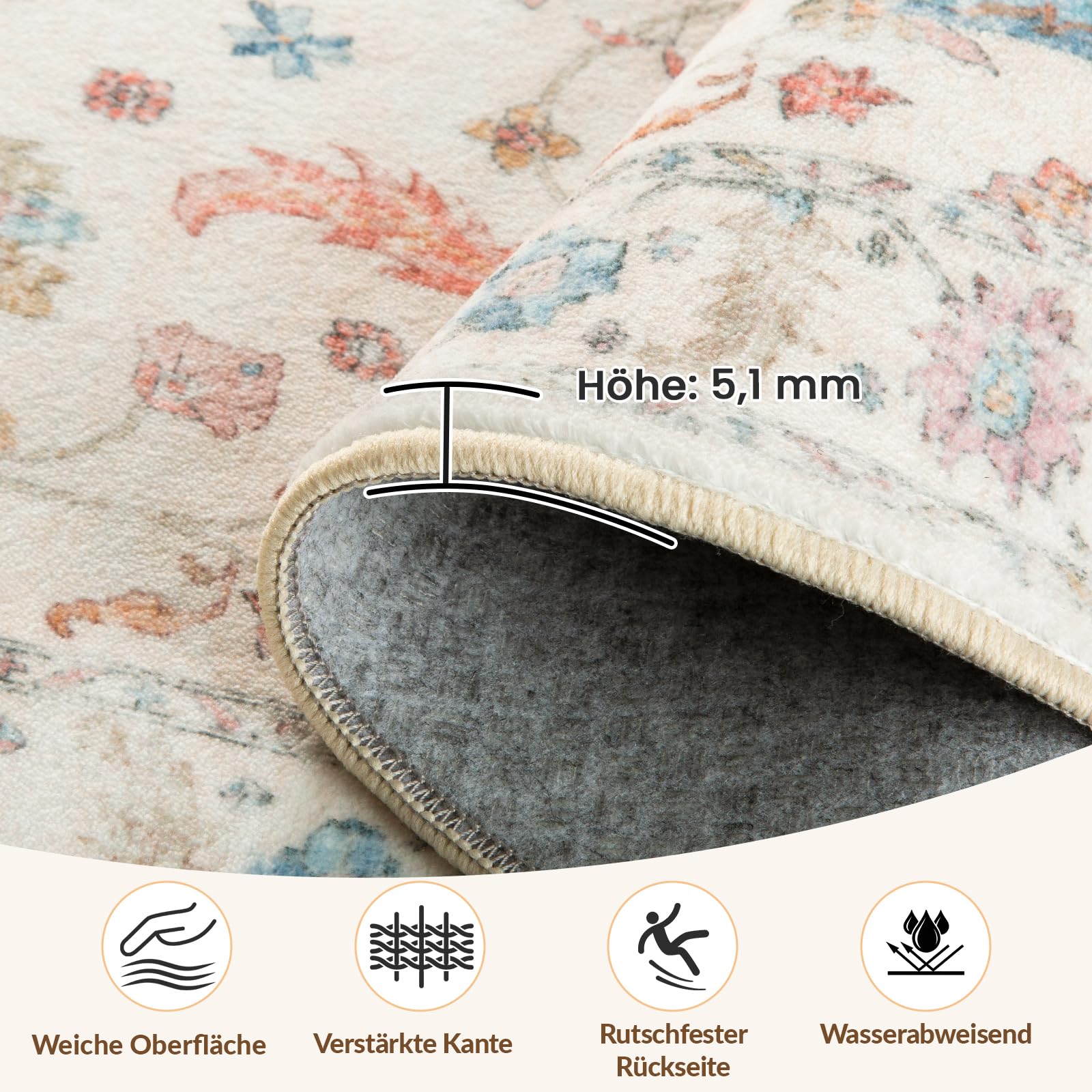 INOVADAY Waschbarer Teppich Boho 200x300 cm Cremeweiß Wohnzimmer Teppich | Schlafzimmer, Küche, Vintage, Eingangshalle, Esszimmer, Diele, Kurzflor, Rutschfest, Flur, Druckmuster, Weich, Pflegeleicht