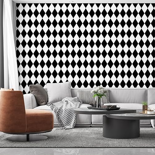 Miniatura 4 de Amiya Papel tapiz de diamante blanco y negro para despegar y pegar, papel de contacto geométrico de rombos para lavandería, cocina, baño, papel de
