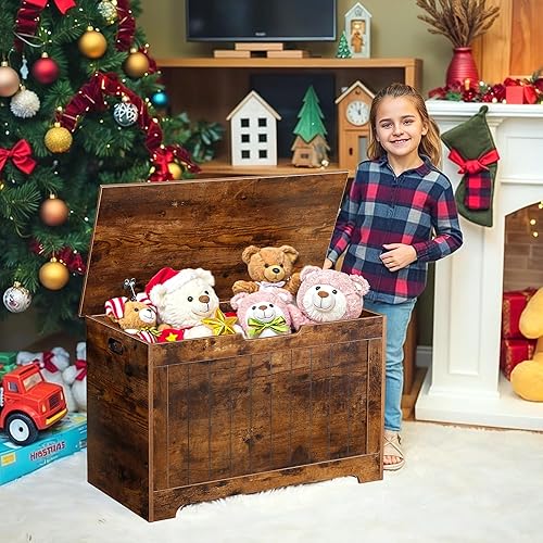 Miniatura 6 de Epetlover Baúl de almacenamiento, banco de almacenamiento de madera con tapa abatible y bisagra de seguridad, baúl de almacenamiento para entrada,